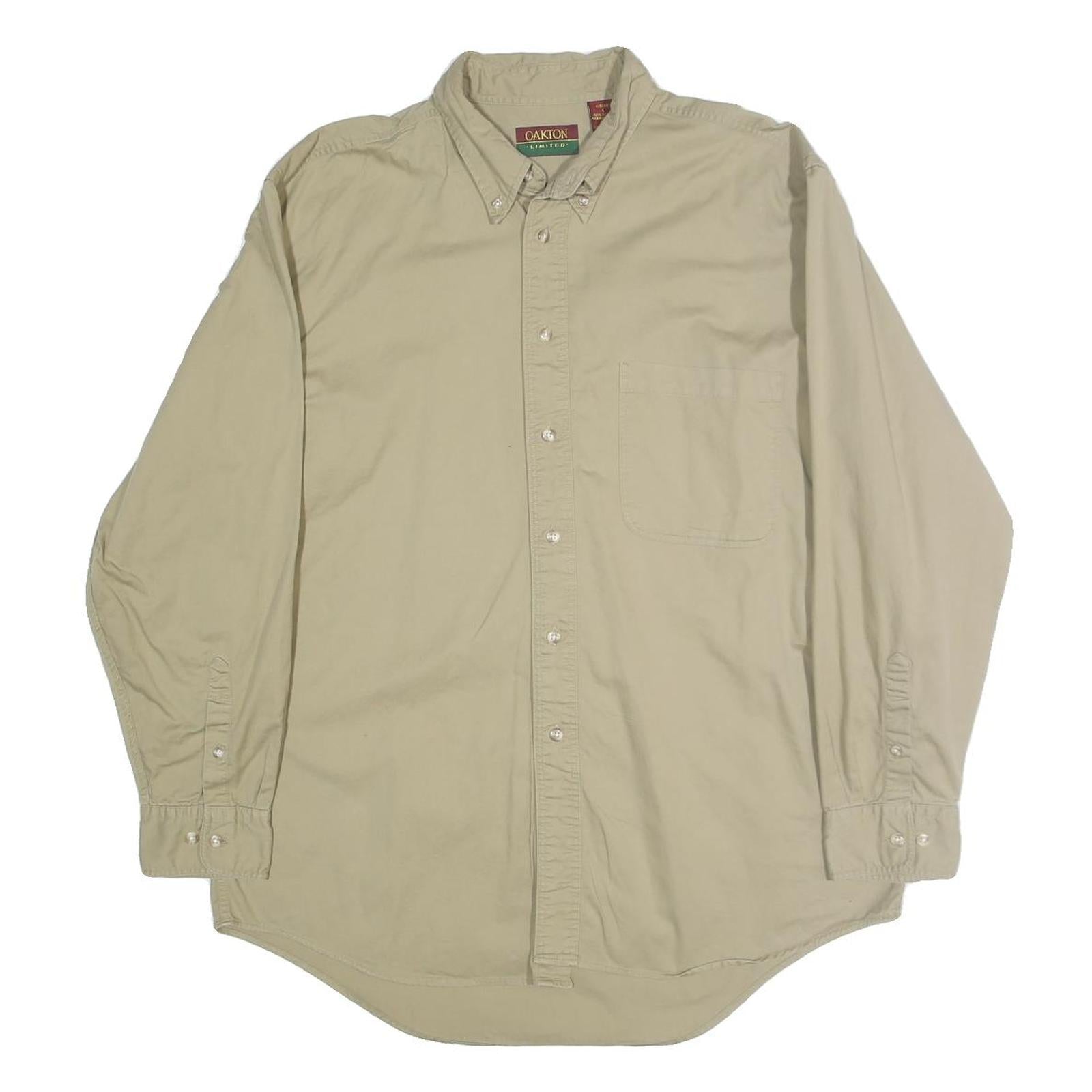OAKTON Mens Beige Cotton Shirt L Button-Down Plain Long Sleeve Casual Classic Refurbished - N/A refurbished available on Cerqular