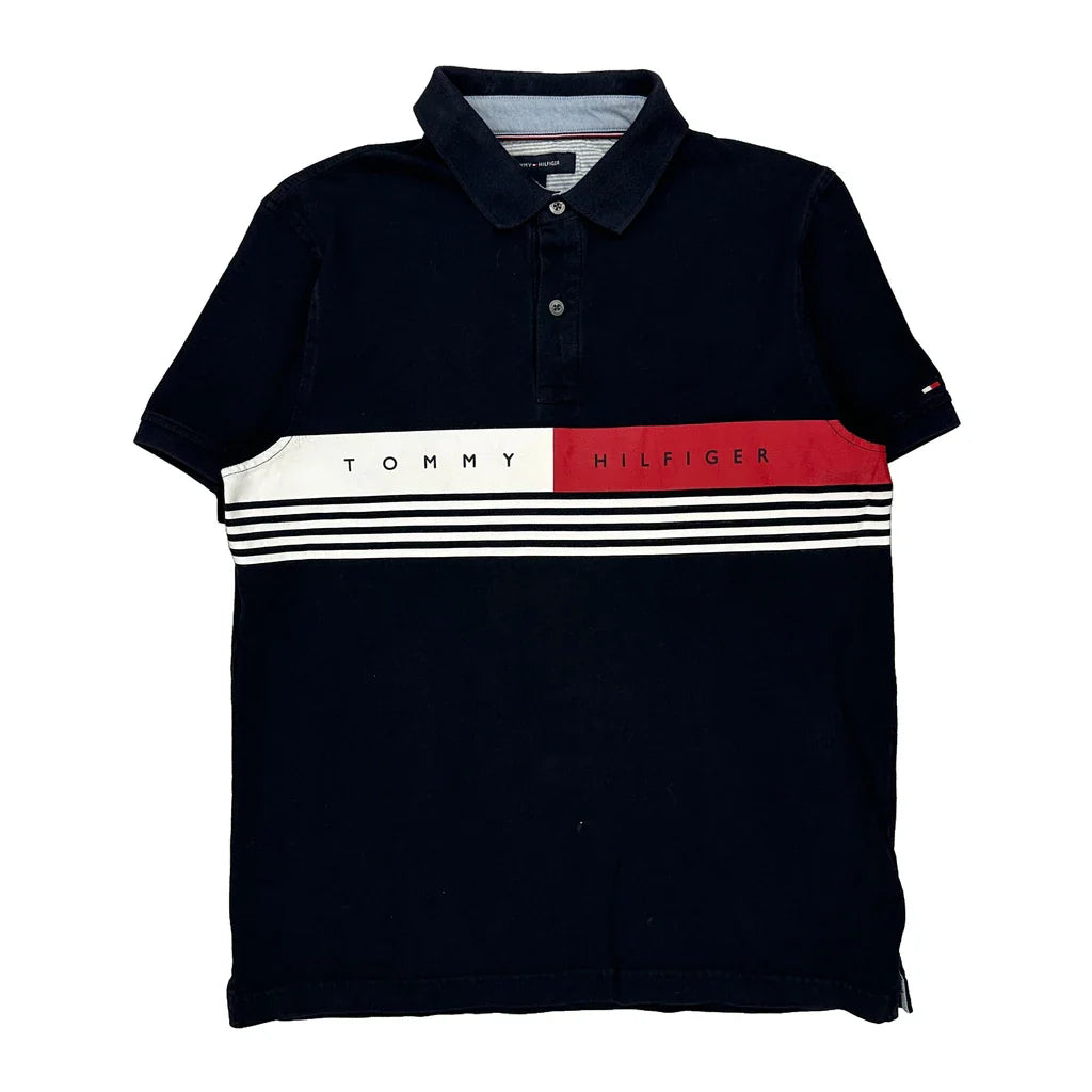 Tommy Hilfiger Striped Polo Shirt - Medium Navy Cotton Refurbished - Thrifted (note: this is a term often used to describe second- refurbished available on Cerqular