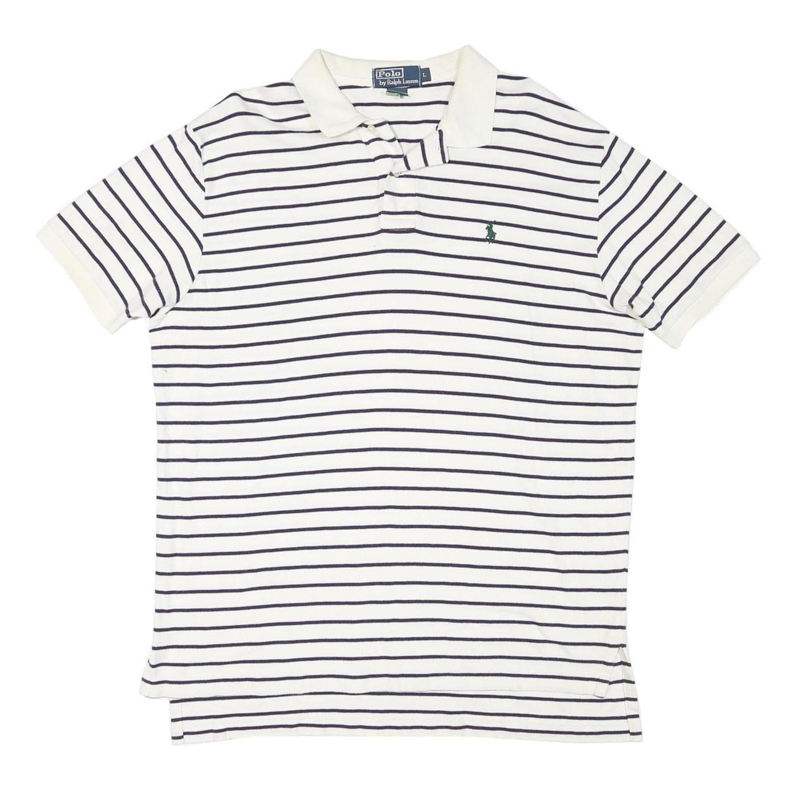 POLO RALPH LAUREN Mens White & Navy Striped Short Sleeve Polo Shirt L Cotton Refurbished - N/A refurbished available on Cerqular