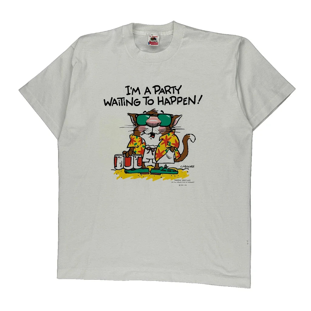 Party Theme Fruit Of The Loom Cartoon T-Shirt - XL White Cotton Blend Refurbished - Thrifted (note: this is a term often used to describe second- refurbished available on Cerqular
