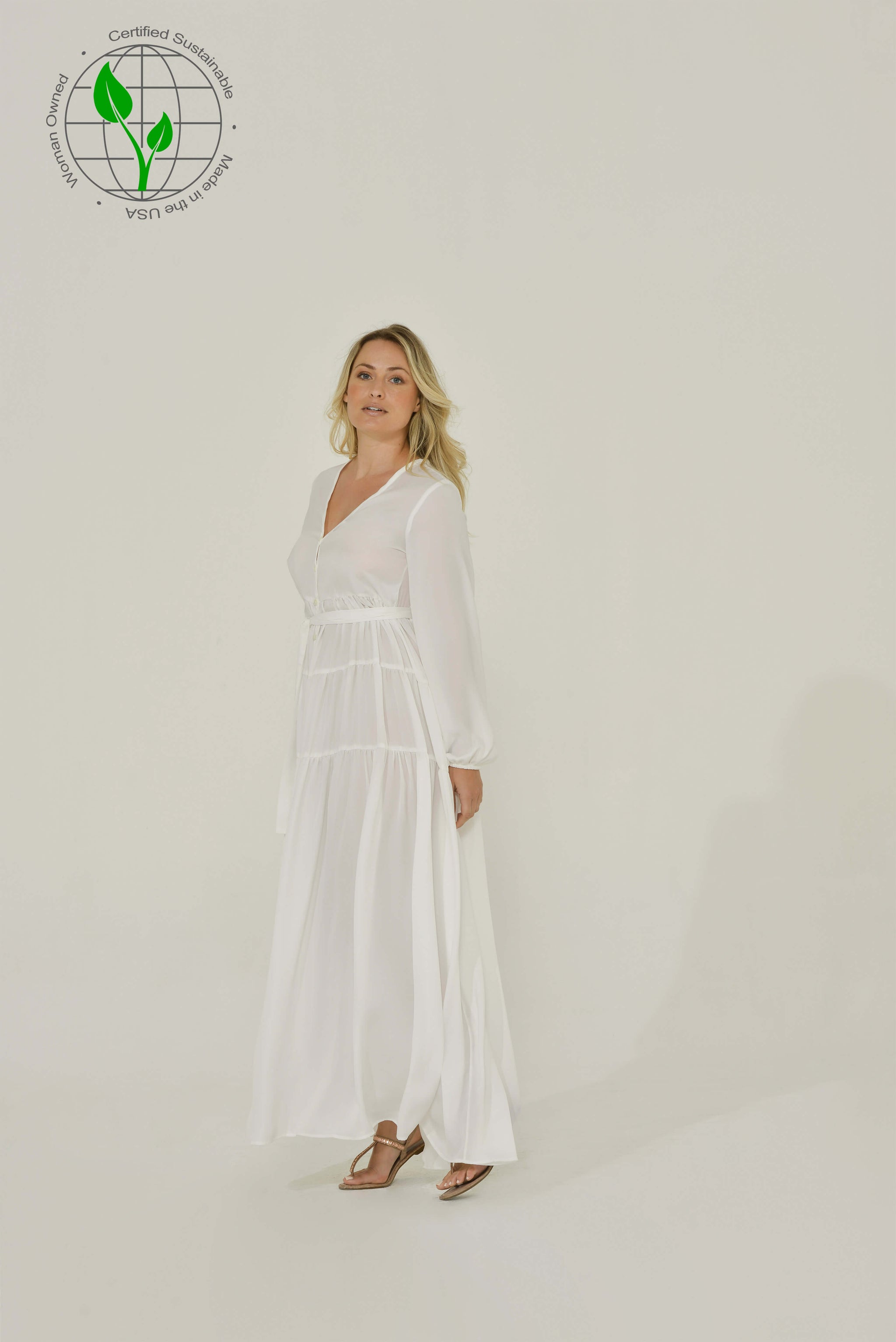 White French Chiffon Long Sleeve Maxi Dress | Size: S | Color: #f8f8ff Refurbished - N/A (Intention Fashion is not a well-known brand) refurbished available on Cerqular
