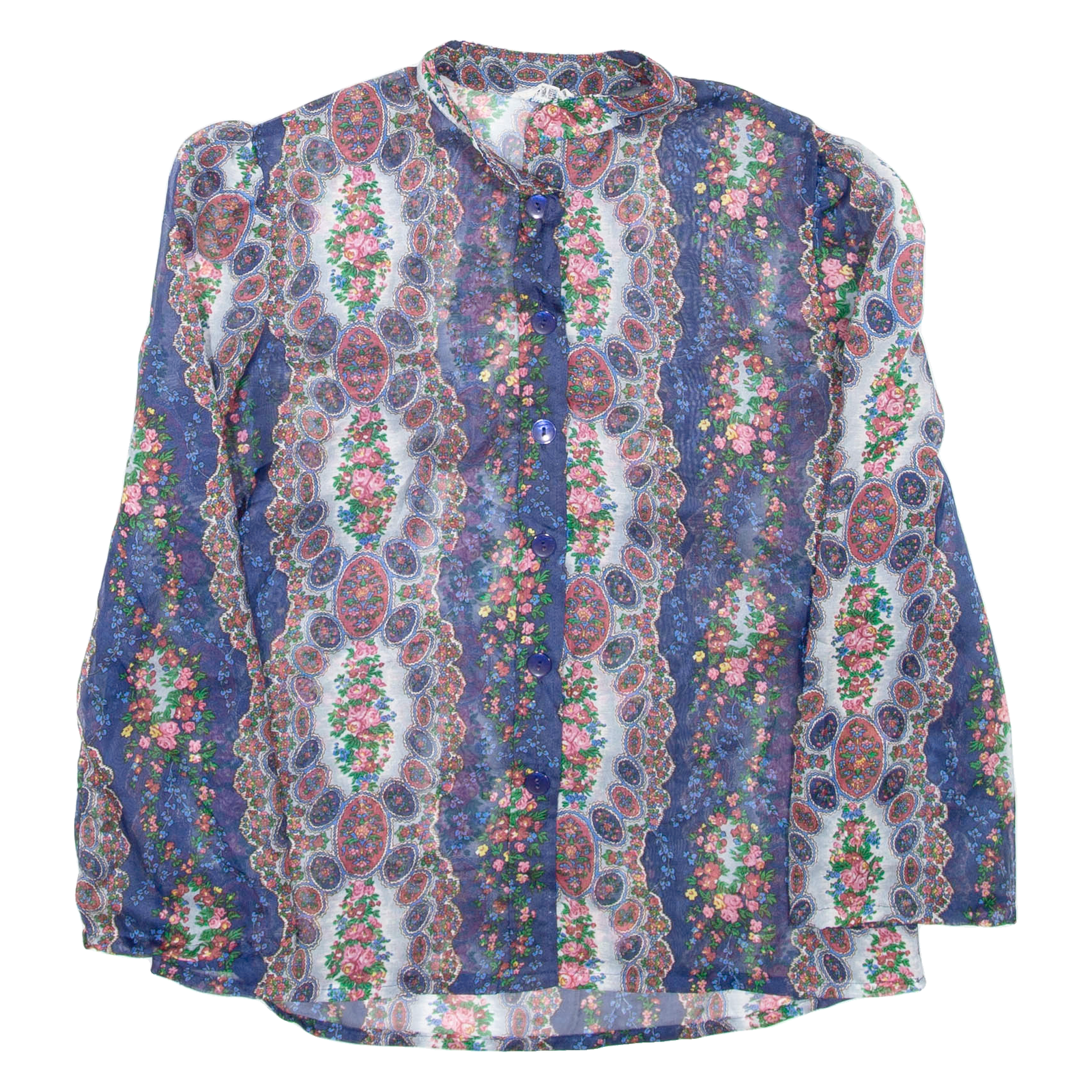 Sheer Womens Printed Blouse Blue High Neck Long Sleeve Floral S Refurbished - N/A refurbished available on Cerqular