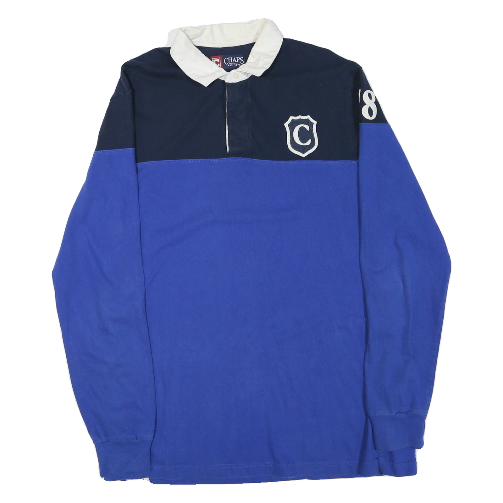 CHAPS Mens Blue & Navy White Collar Long Sleeve Shield Logo Polo Shirt L Classic Refurbished - N/A refurbished available on Cerqular