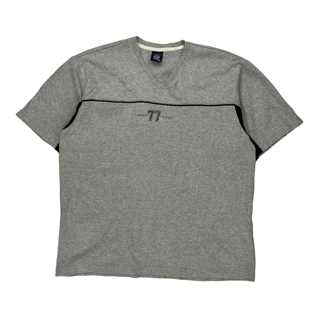 77 Tommy Jeans V-Neck T-Shirt - Medium Grey Cotton Refurbished - Thrifted (note: this is a term often used to describe second- refurbished available on Cerqular