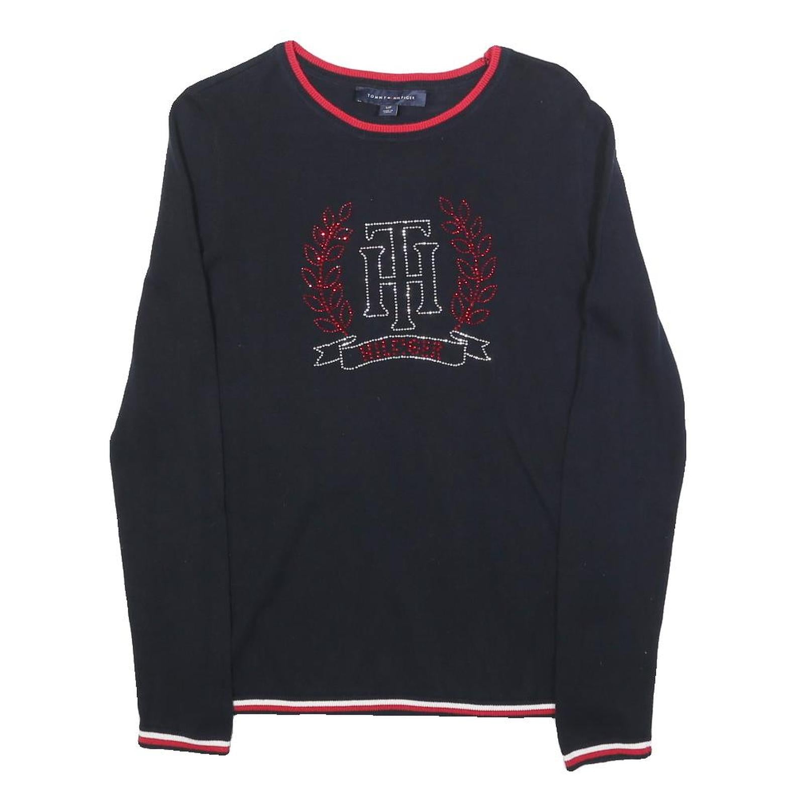 TOMMY HILFIGER Womens Navy Blue Heavy Knit Crew Neck Jumper S Embellished Logo Refurbished - N/A refurbished available on Cerqular