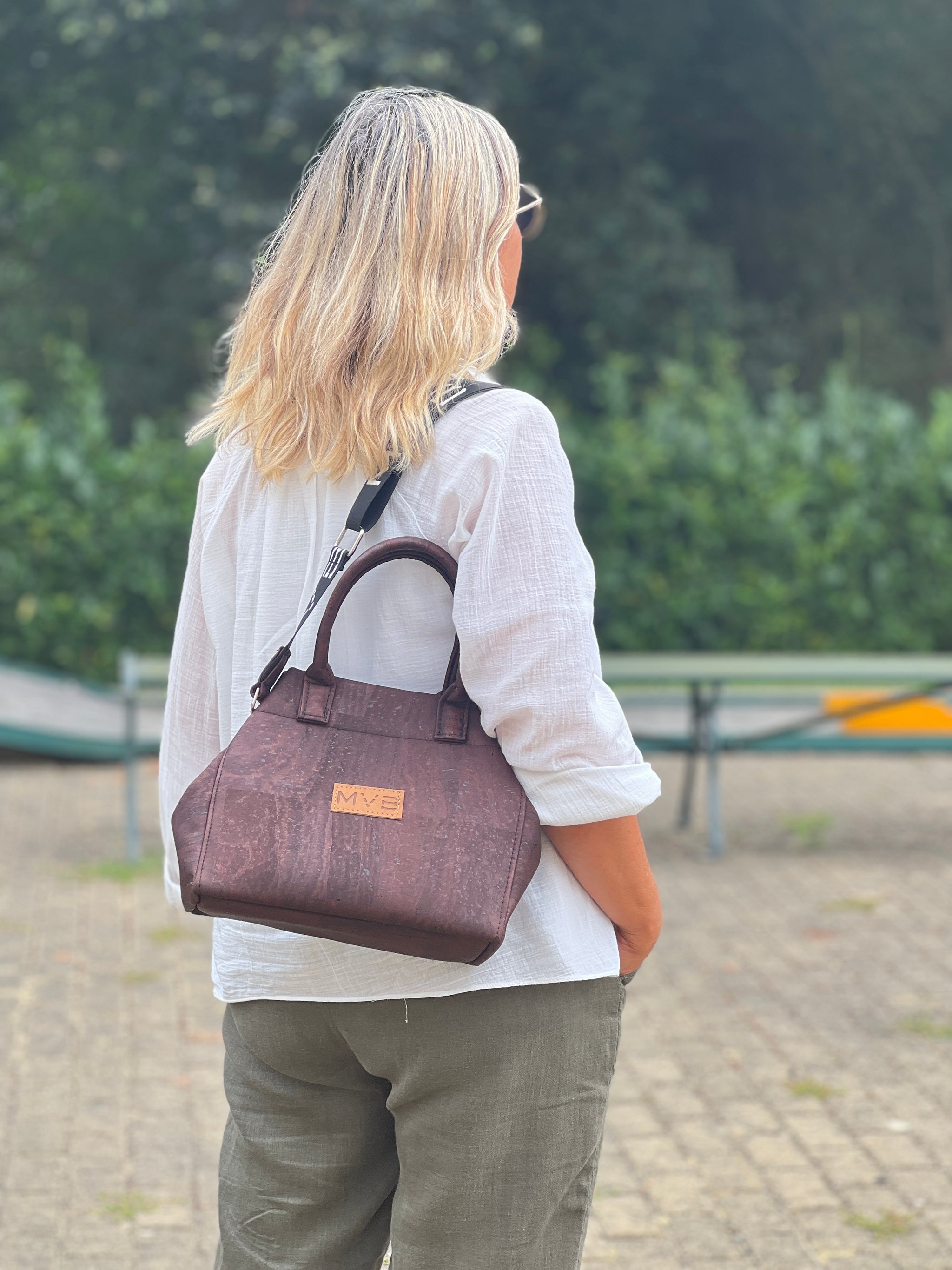 Mini Tote Handcraft Bag dark brown cork Refurbished - My Vegan Bags refurbished available on Cerqular