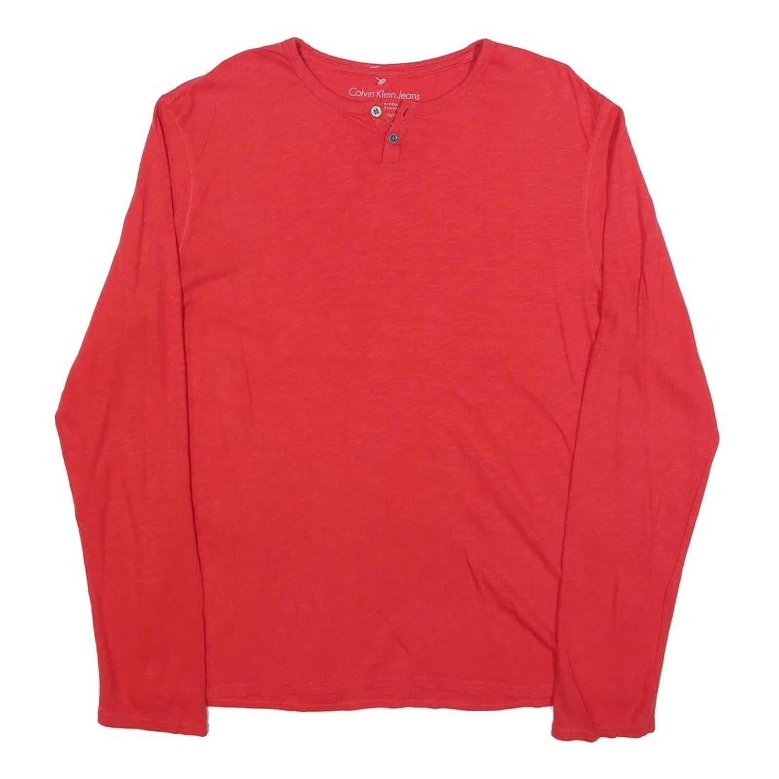 CALVIN KLEIN JEANS Mens Red Long Sleeve Henley Neck T-Shirt L Cotton Blend Refurbished - N/A refurbished available on Cerqular