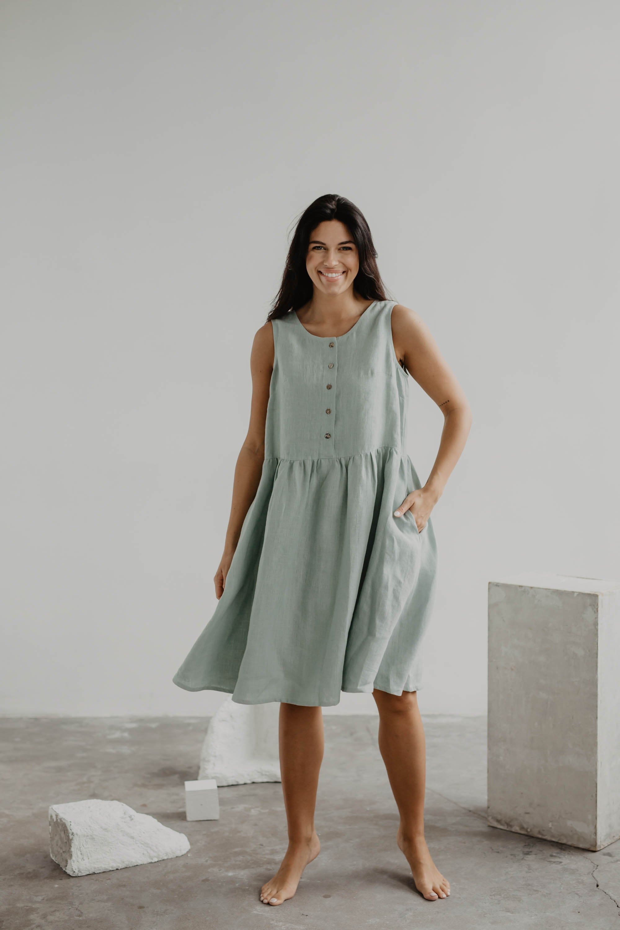 Buy Hazel linen sleeveless summer dress in Sage Green | Size: XS Refurbished - $125.00 Hazel linen sleeveless summer dress in Sage Green | Size: XS Refurbished - Amour Linen refurbished available on Cerqular