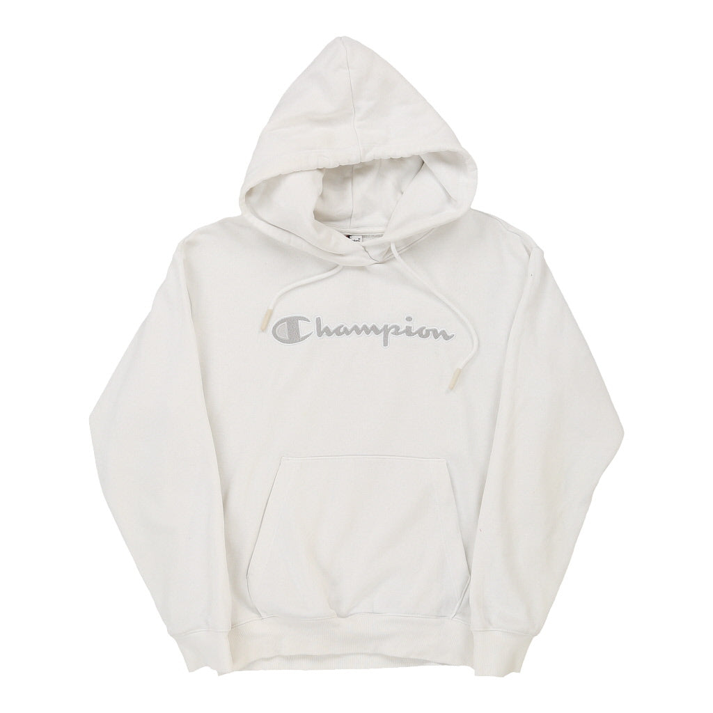 Champion Spellout Hoodie - XS White Cotton Blend Refurbished - Thrifted (note: this is a term often used to describe second- refurbished available on Cerqular