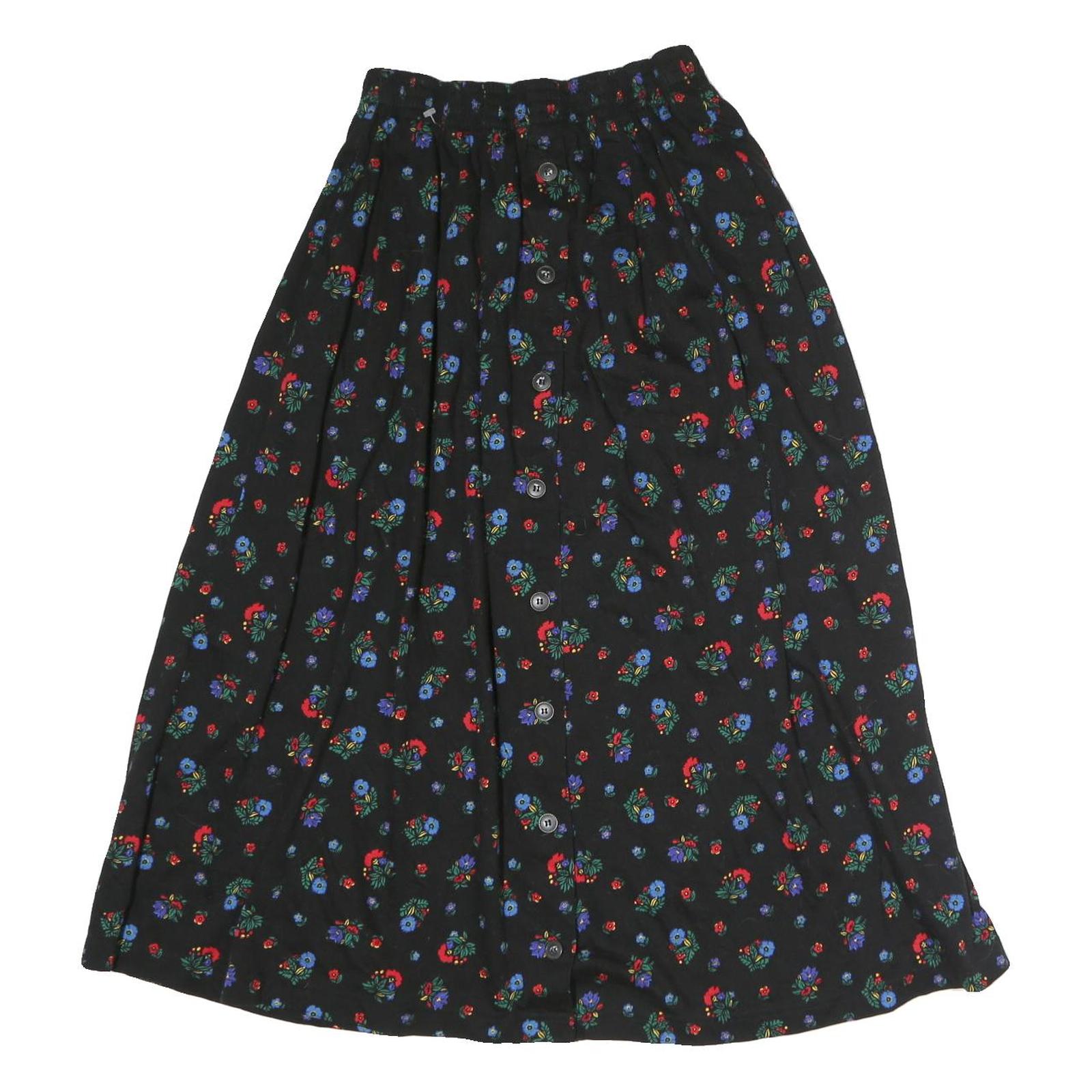LIZSPORT Womens Black Floral Button Midi Cotton Blend Skirt S Elastic Waist Refurbished - N/A refurbished available on Cerqular
