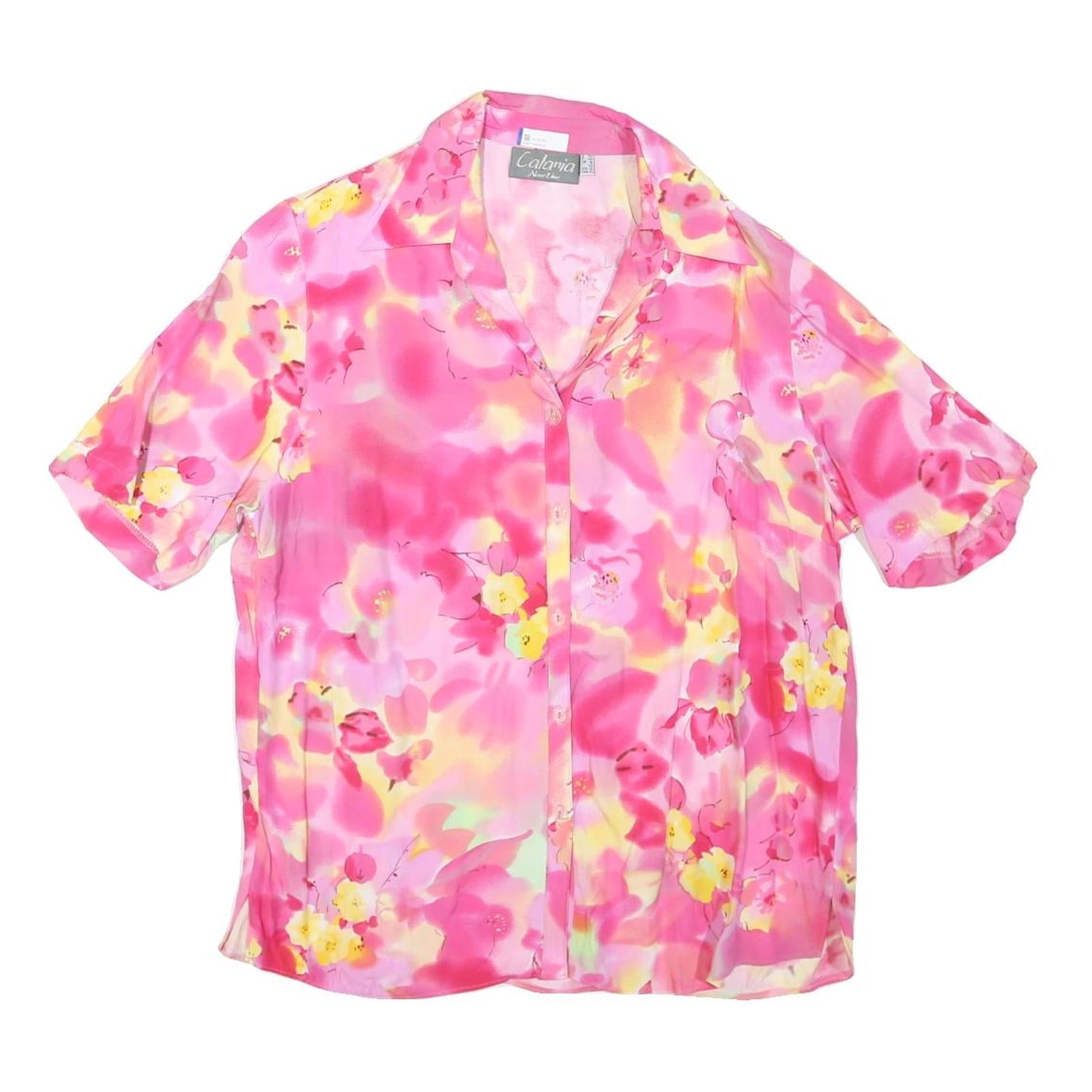 CALANIA Womens Pink Yellow Floral Short Sleeve Button Neck Top UK 16 Summer Refurbished - N/A refurbished available on Cerqular