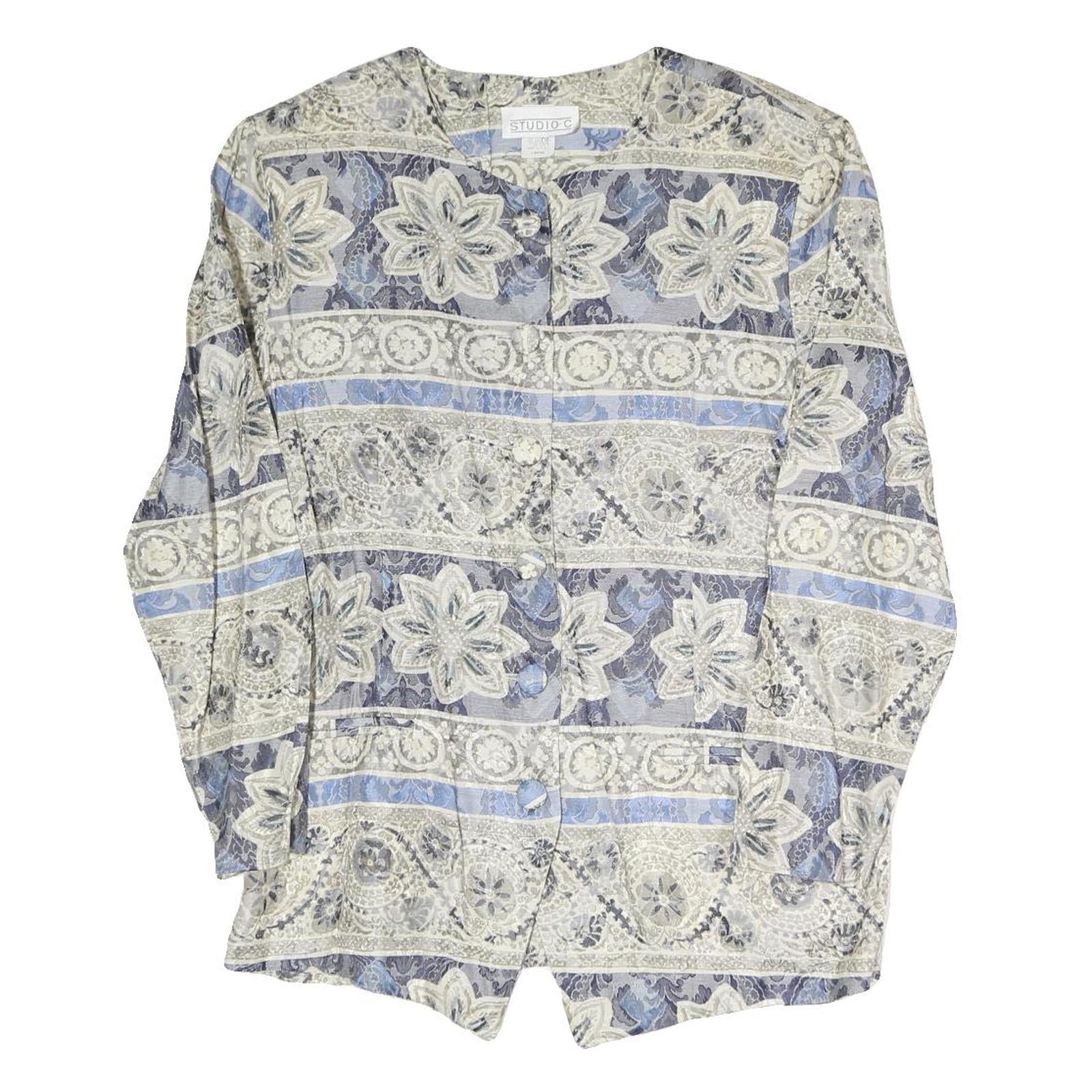 STUDIO C Womens Blue & Grey Floral Pattern Coach Jacket L Polyester Blend Woven Refurbished - N/A refurbished available on Cerqular