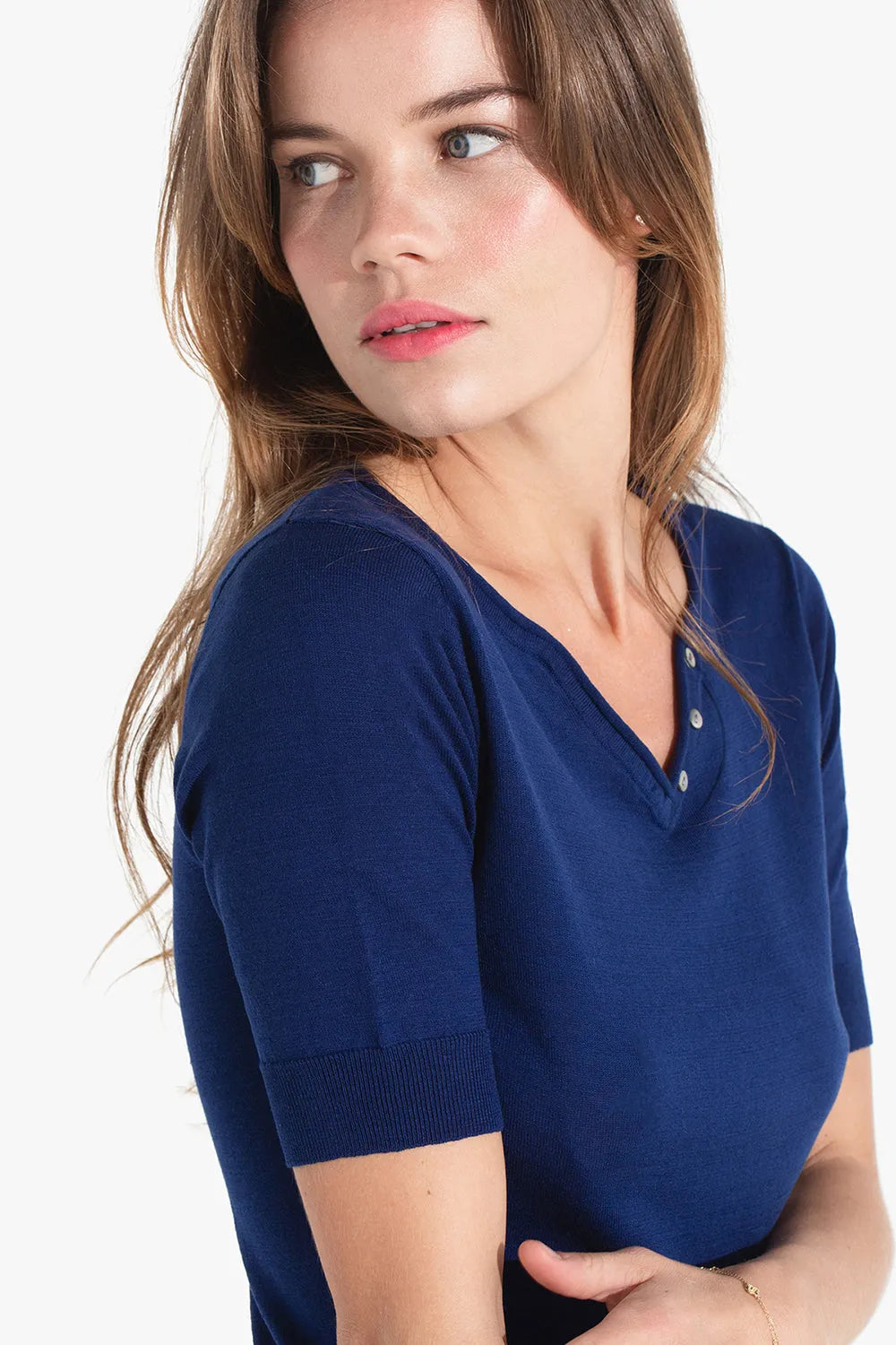 V Button-neck Top - Marine | Size: XS Refurbished - N/A refurbished available on Cerqular
