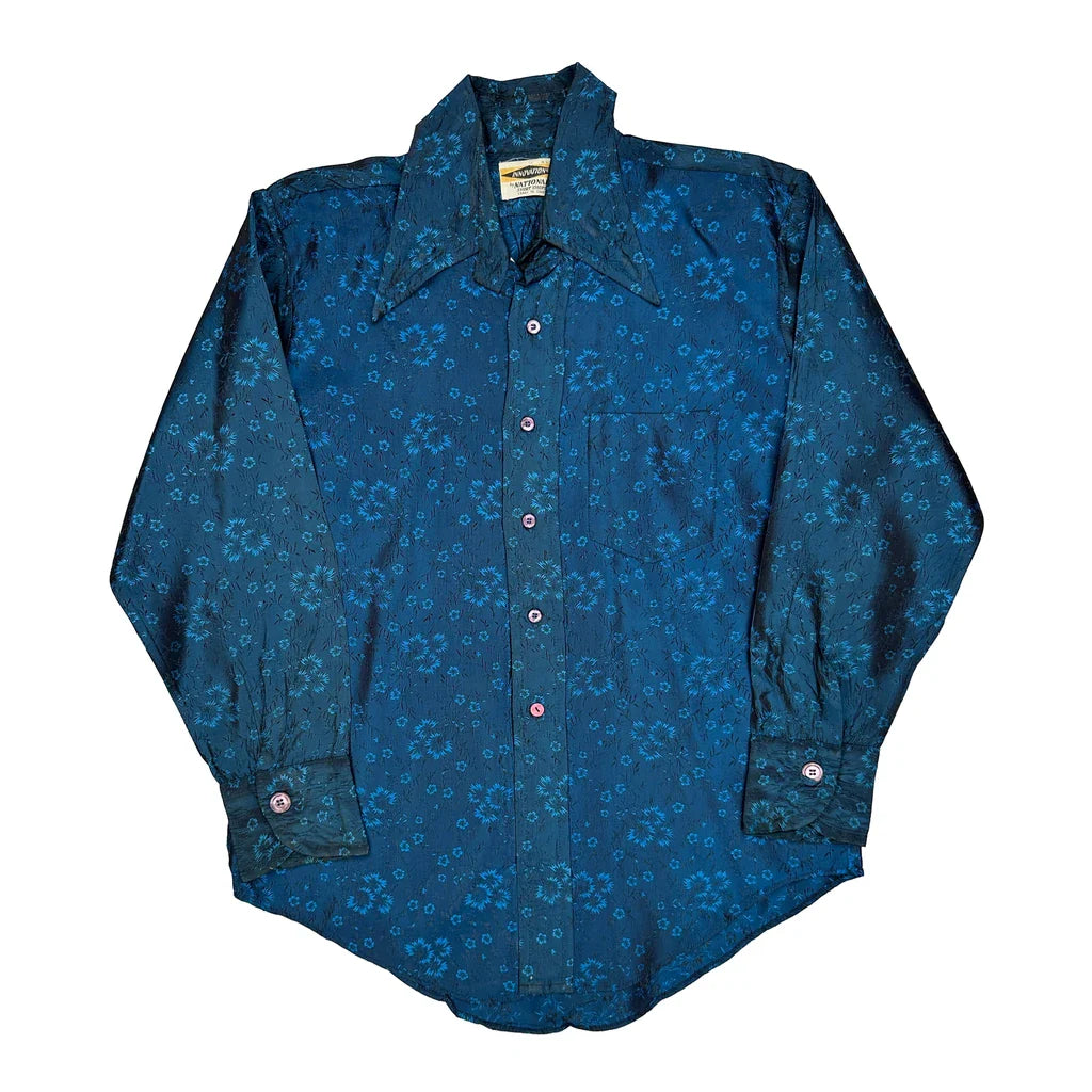 Innovation Floral Shirt - Large Blue Polyester Refurbished - Thrifted (note: this is a term often used to describe second- refurbished available on Cerqular