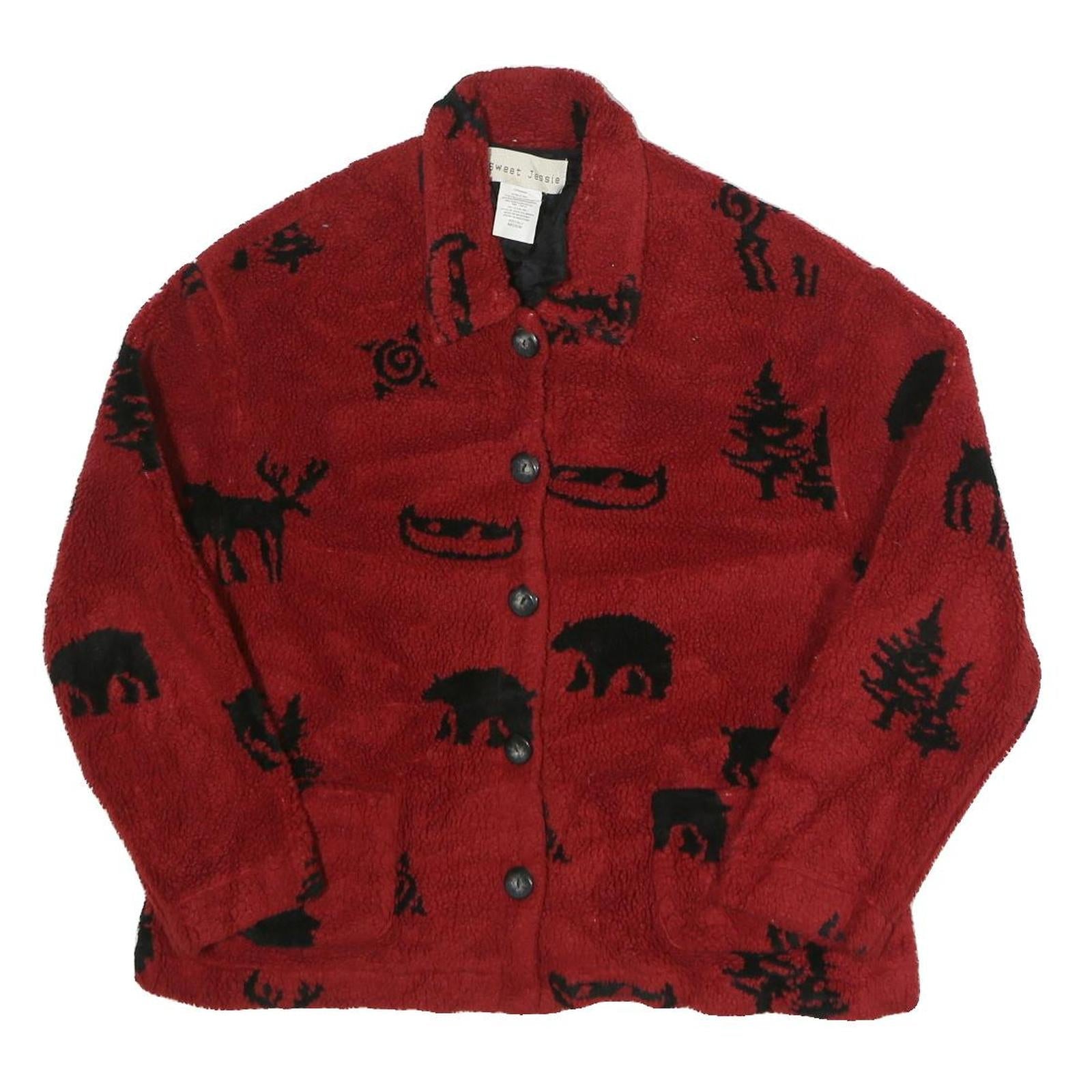 SWEET JESSIE Womens Red & Black Fleece Button Jacket M Polyester Blend Bear Refurbished - N/A refurbished available on Cerqular