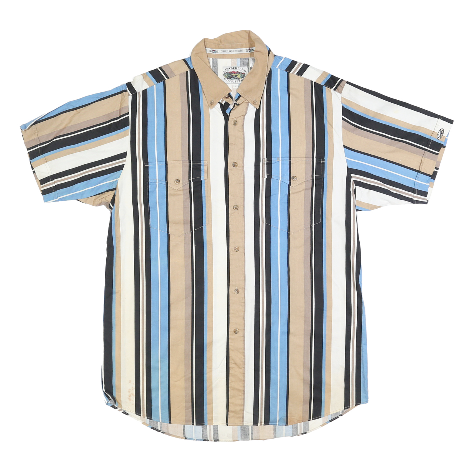 CUMBERLAND OUTFITTERS Mens Beige & Blue Striped Cotton Shirt L Button Down Refurbished - N/A refurbished available on Cerqular
