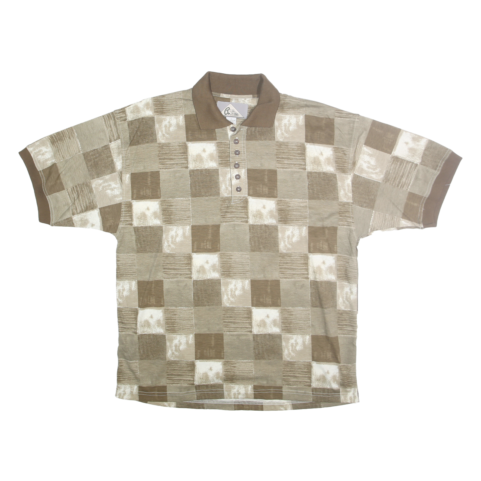 BLUE JEANS Mens Beige & Cream Check Short Sleeve Polo Shirt L Casual Polyester Refurbished - N/A refurbished available on Cerqular