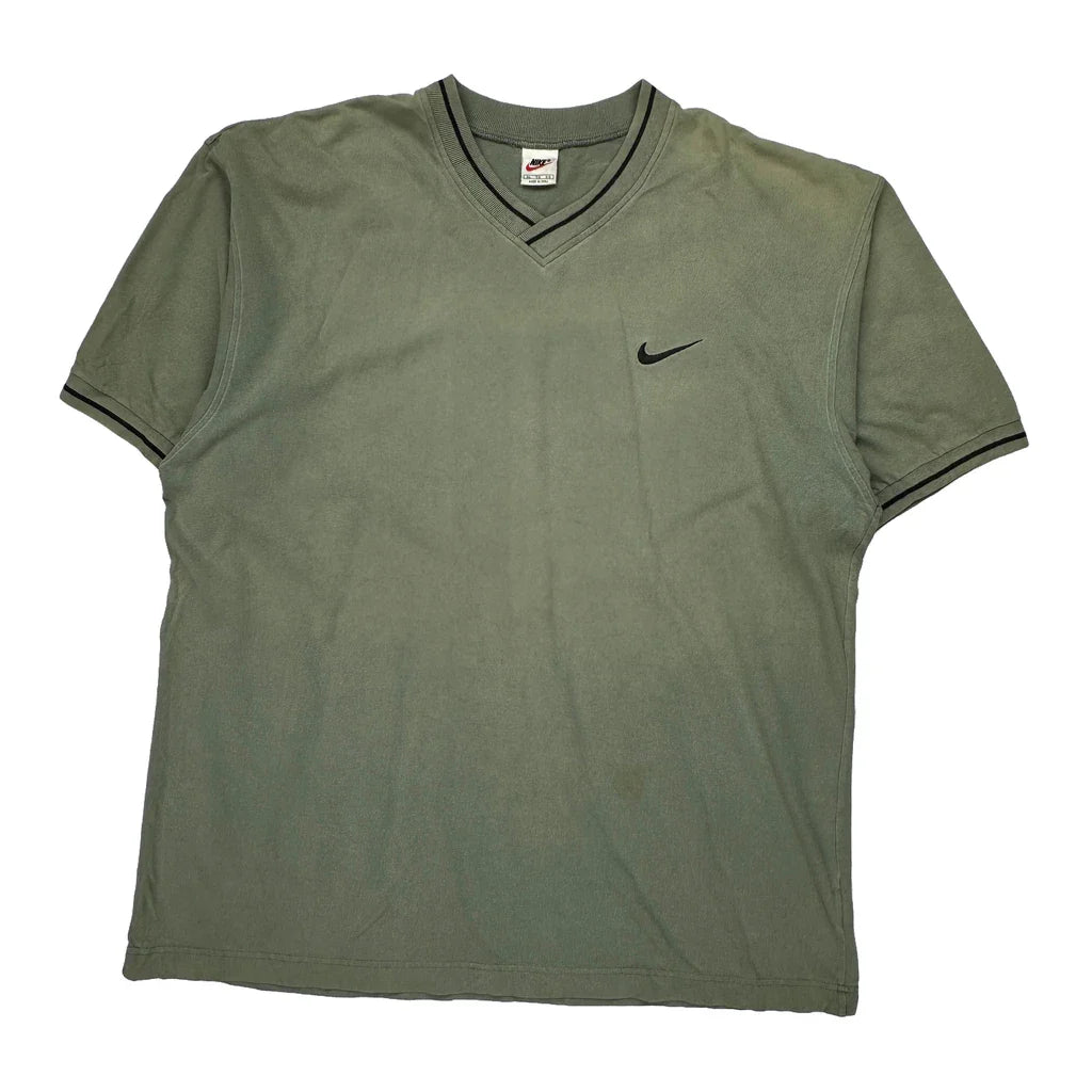 Nike V-Neck T-Shirt - XL Green Cotton Refurbished - Thrifted (note: this is a term often used to describe second- refurbished available on Cerqular