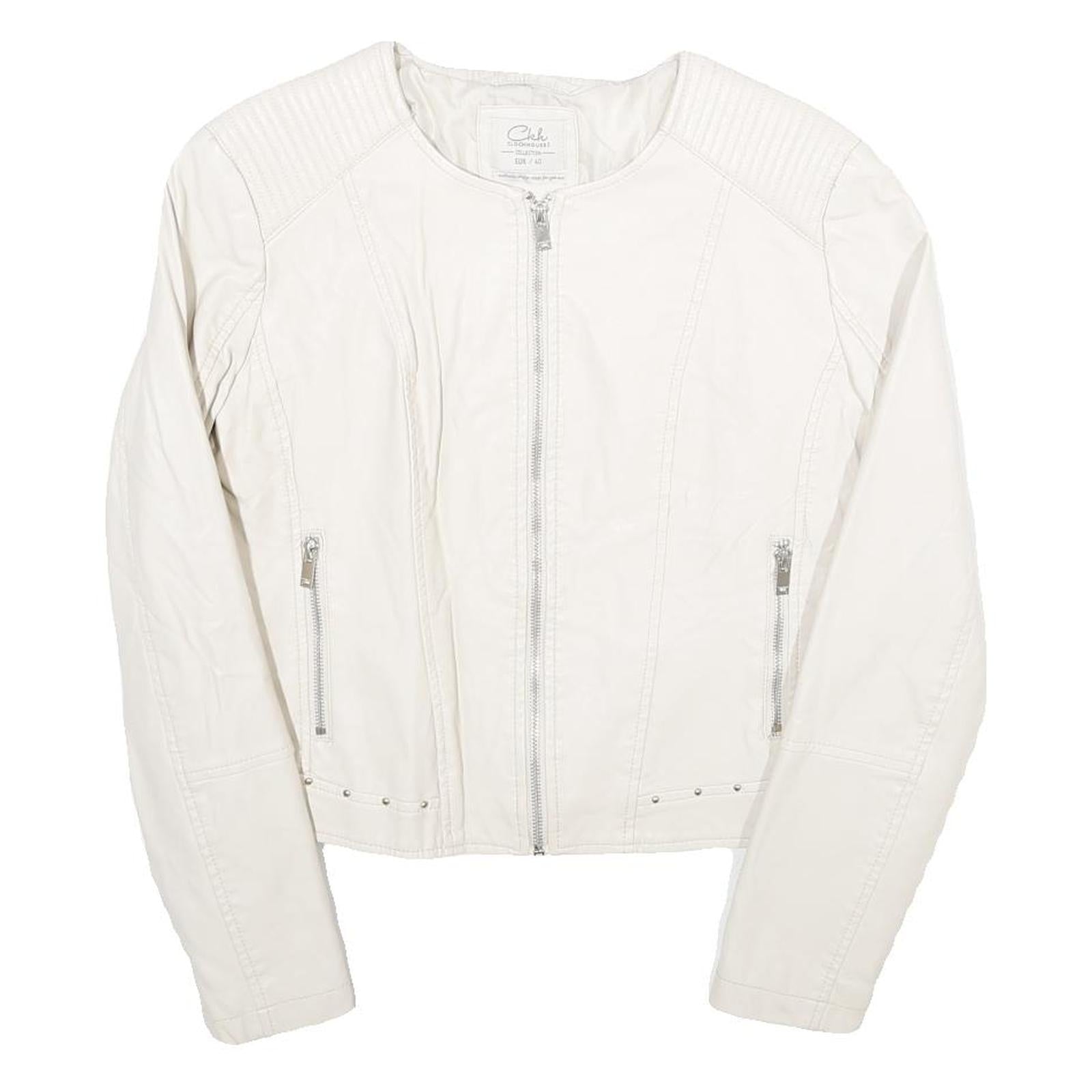 CLOCKHOUSE Womens White & Silver Faux Leather Biker Jacket UK 12 Zip Plain Refurbished - N/A refurbished available on Cerqular