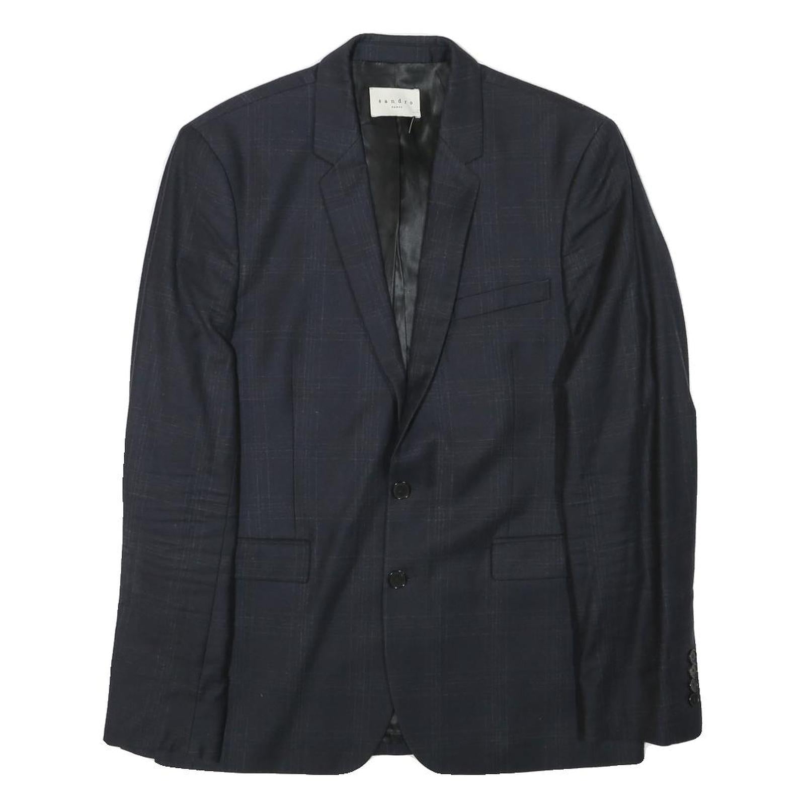 SANDRO Mens Navy Blue Wool Blend Button Jacket S Check Pattern Refurbished - N/A refurbished available on Cerqular