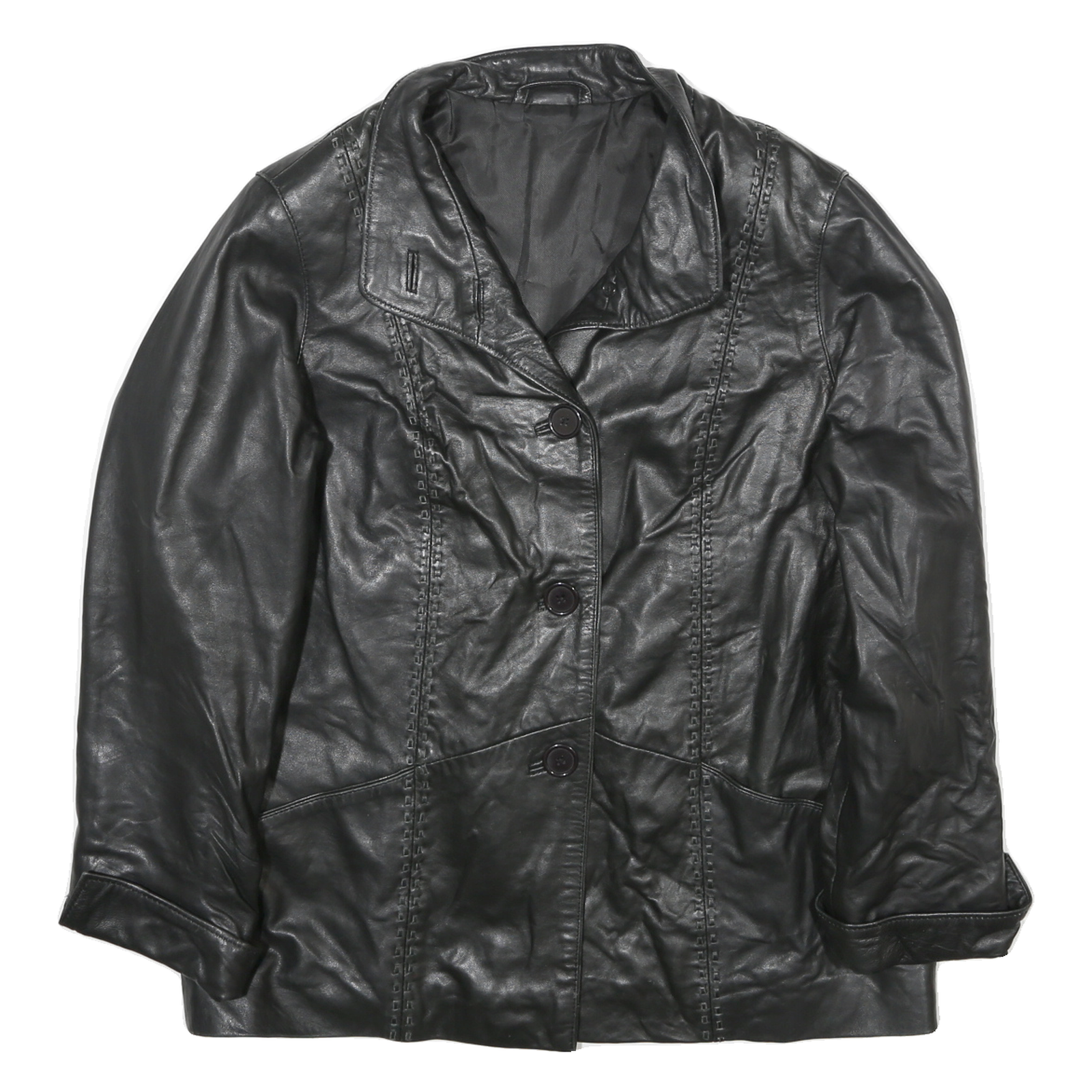 Womens Black Leather Button Jacket L Plain Classic Stylish Comfortable Refurbished - N/A refurbished available on Cerqular