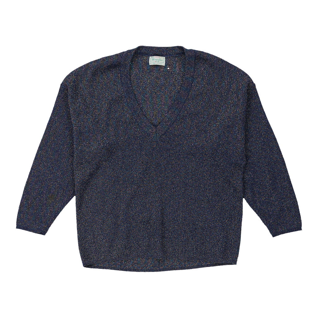 Benetton V-neck Jumper - Medium Blue Cotton Refurbished - Thrifted (note: this is a term often used to describe second- refurbished available on Cerqular