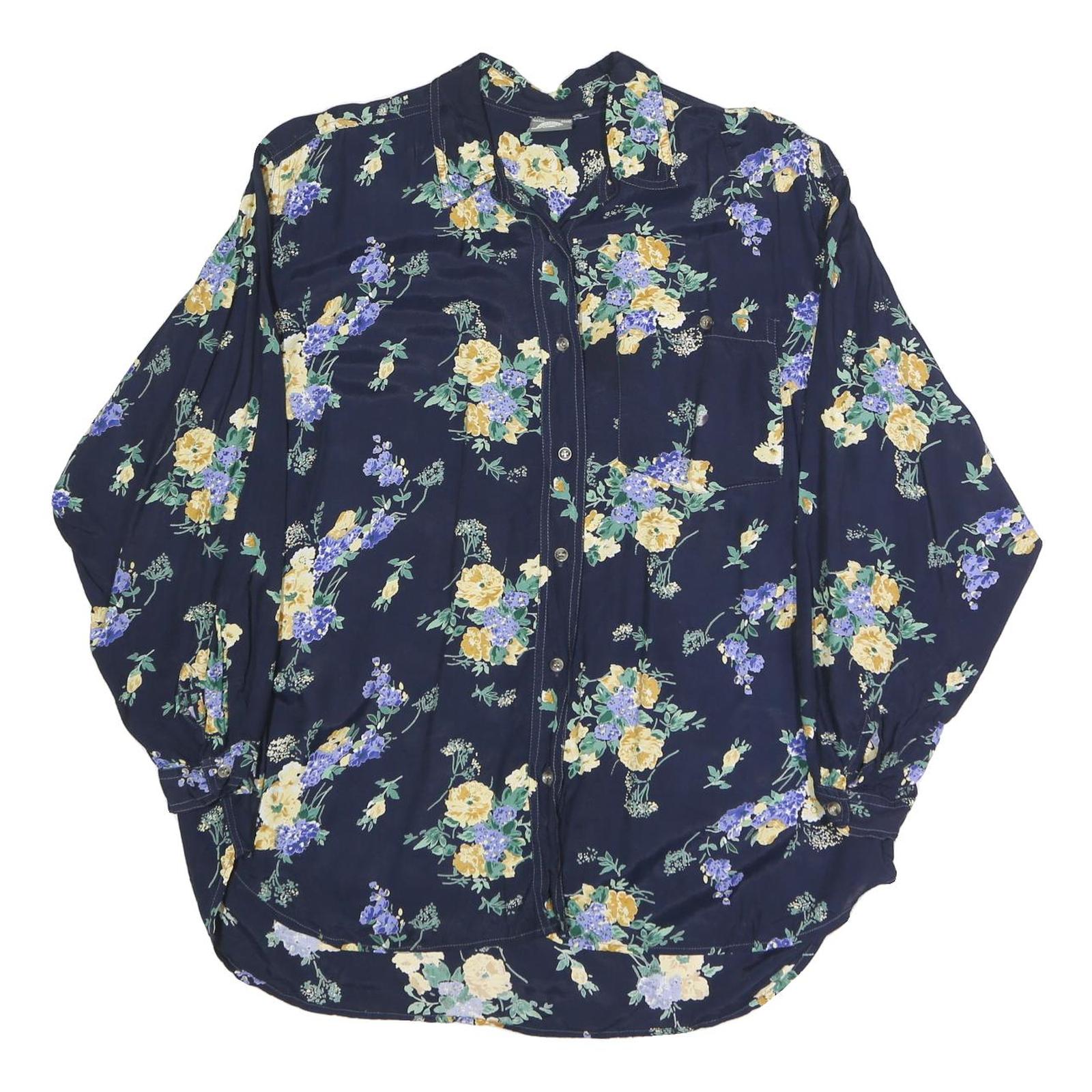 GARRY Womens Navy Blue Floral Print Shirt Long Sleeve Collared XL Button Up Refurbished - N/A refurbished available on Cerqular