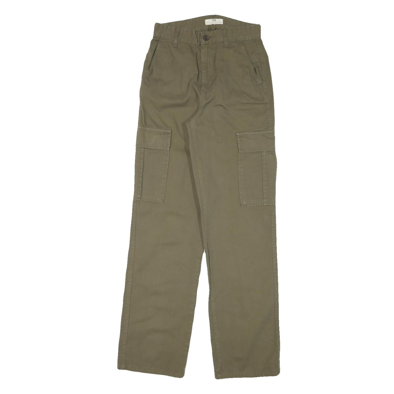 STR Mens Cotton Blend Khaki Relaxed Straight Leg Trousers W26 L31 Casual Zip Refurbished - N/A refurbished available on Cerqular
