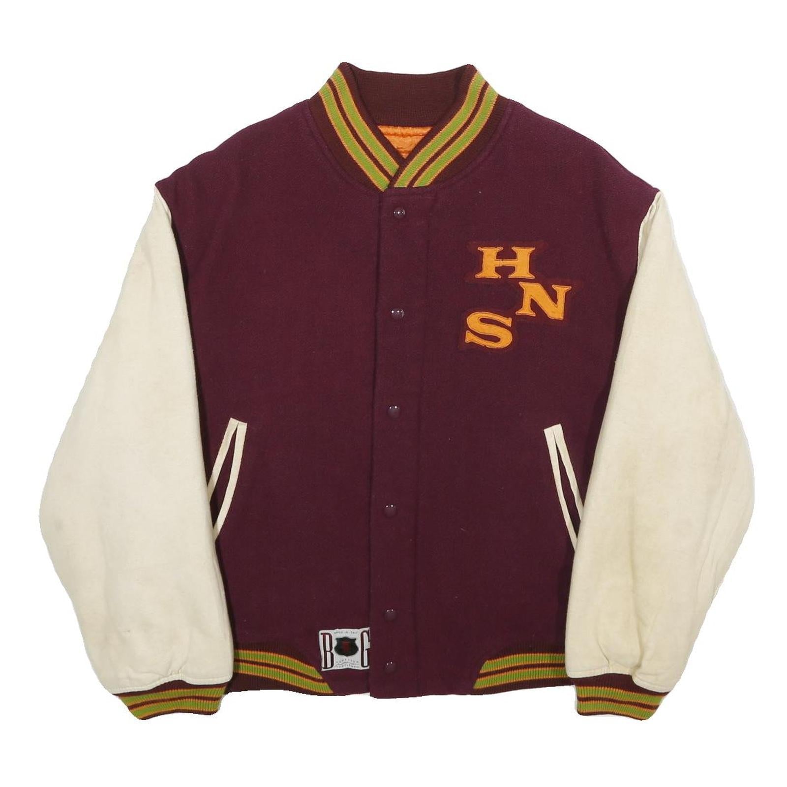 BENETTON Mens Burgundy & Cream Wool Varsity Button Jacket L Wool Blend Retro Refurbished - N/A refurbished available on Cerqular