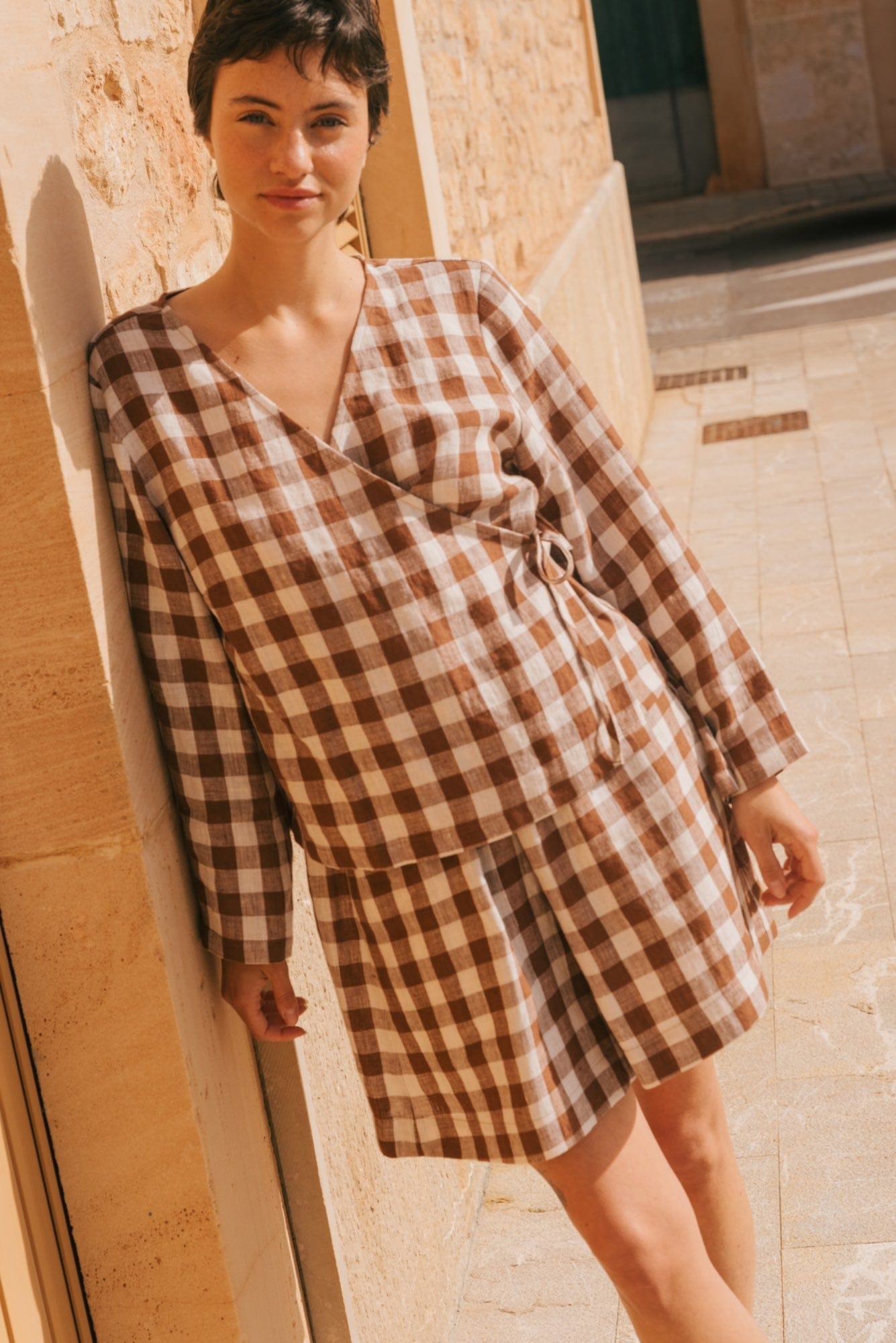 Adele linen wrap top in Mocha Gingham | Size: L Refurbished - Amour Linen refurbished available on Cerqular