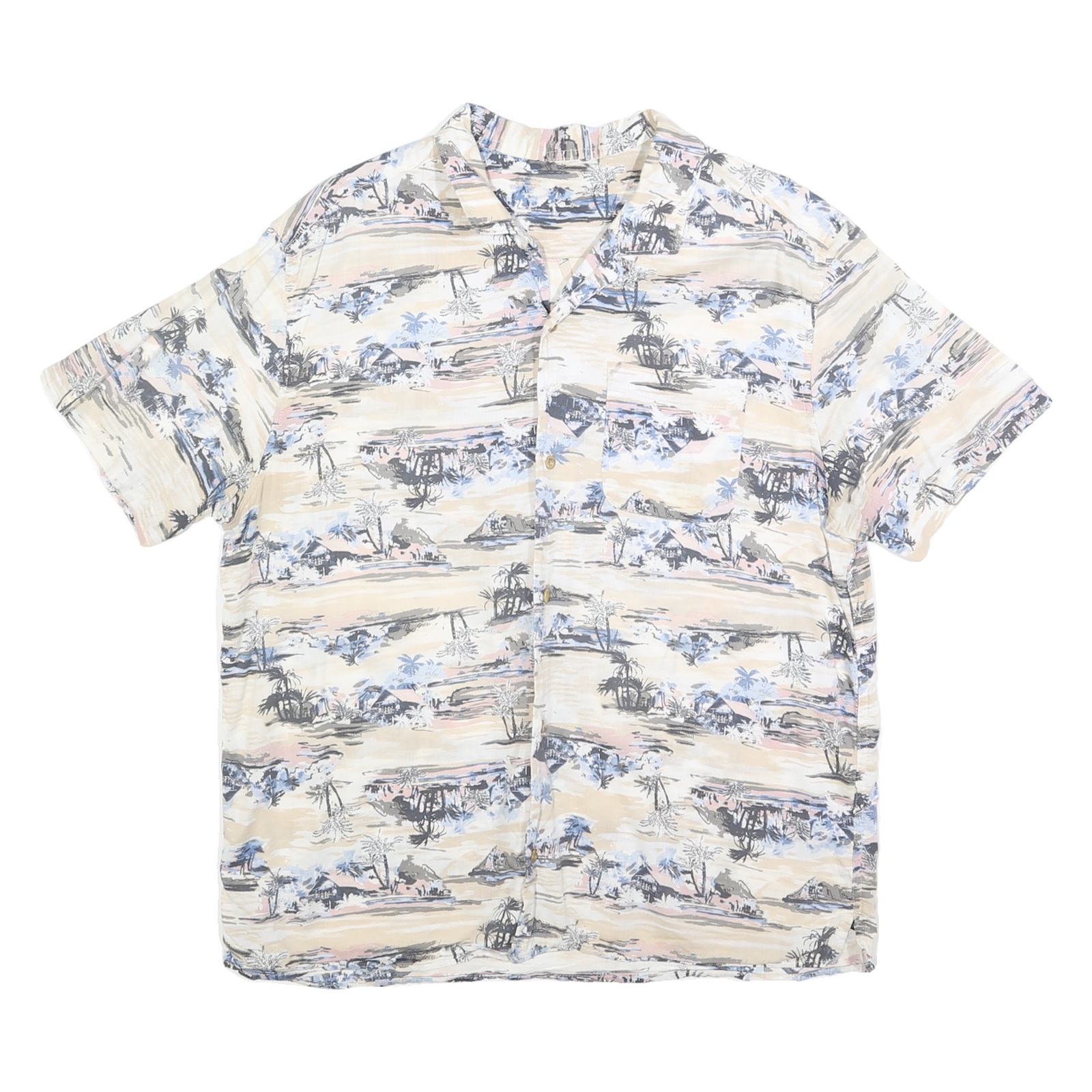 Mens Beige Patterned Cotton Blend Short Sleeve Shirt M Casual Beach Style Refurbished - N/A refurbished available on Cerqular