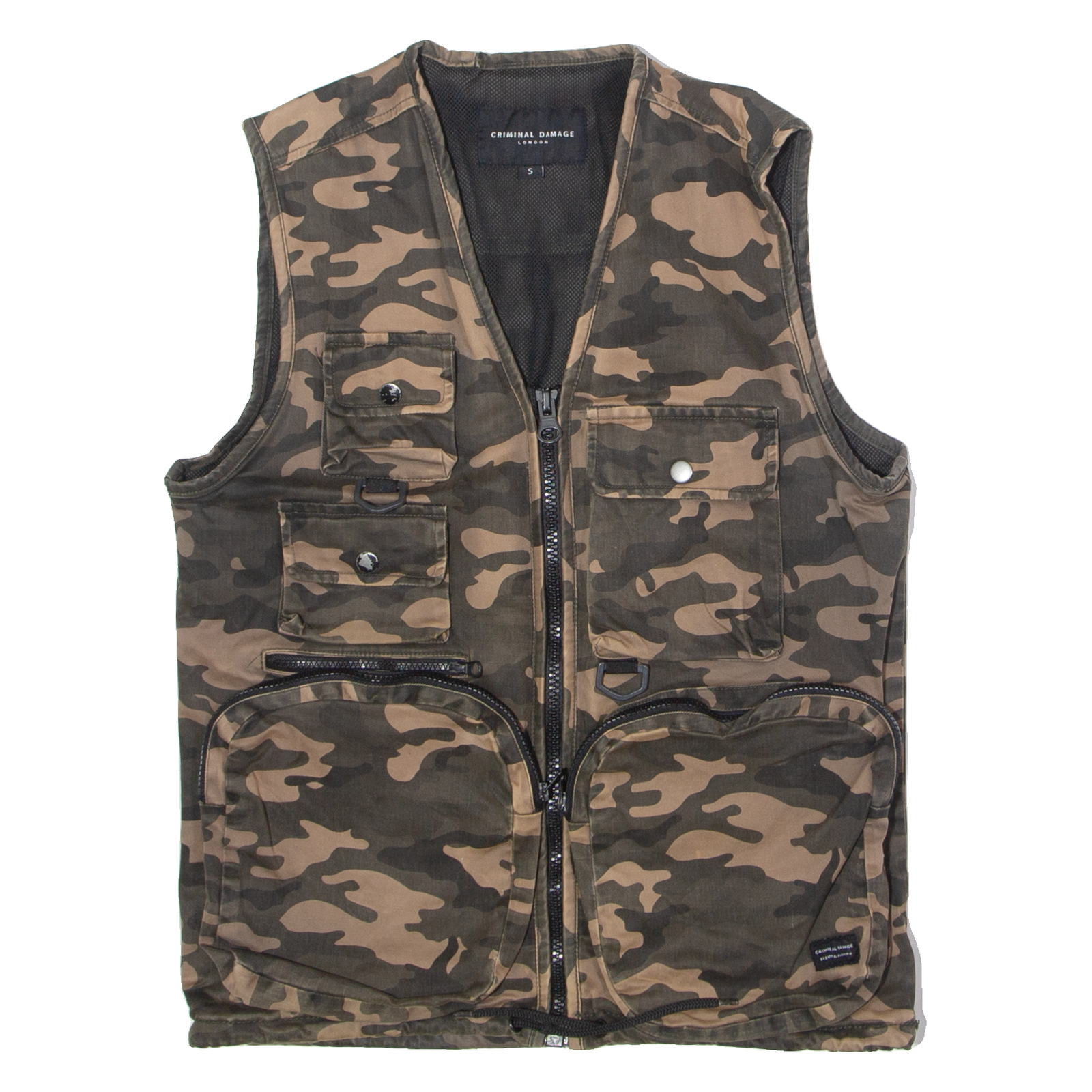 CRIMINAL DAMAGE Utility Mens Gilet Brown Twill Camouflage S Refurbished - N/A refurbished available on Cerqular