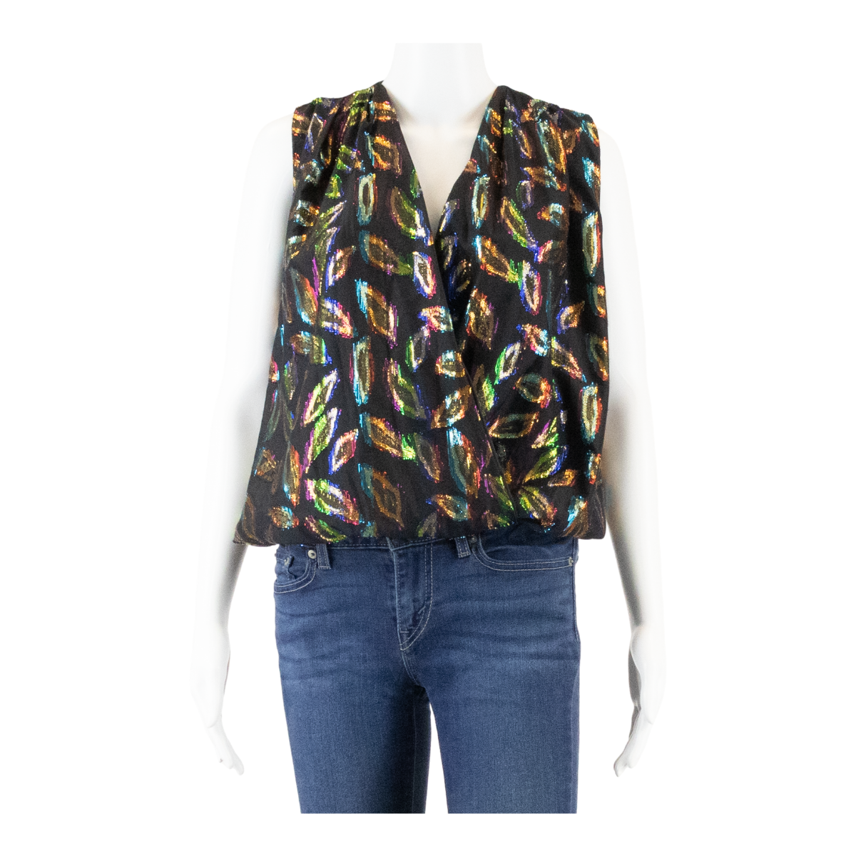 JE SUIS LE FLEUR Womens Wrap Bodysuit Black V-Neck Sleeveless Crazy Pattern S Refurbished - N/A refurbished available on Cerqular