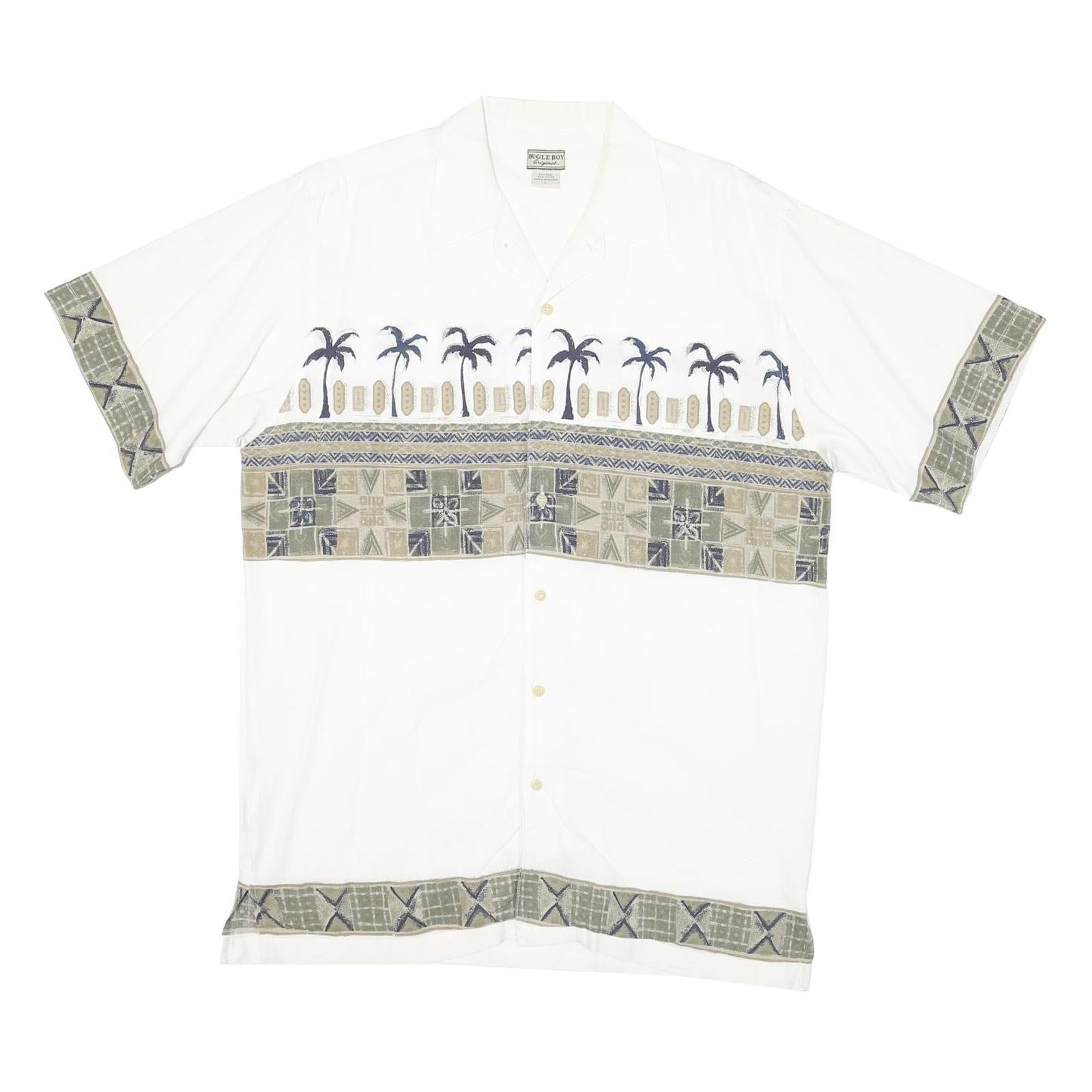 BUGLE BOY Mens White Green Tropical Print Cotton Blend Shirt L Casual Summer Refurbished - N/A refurbished available on Cerqular