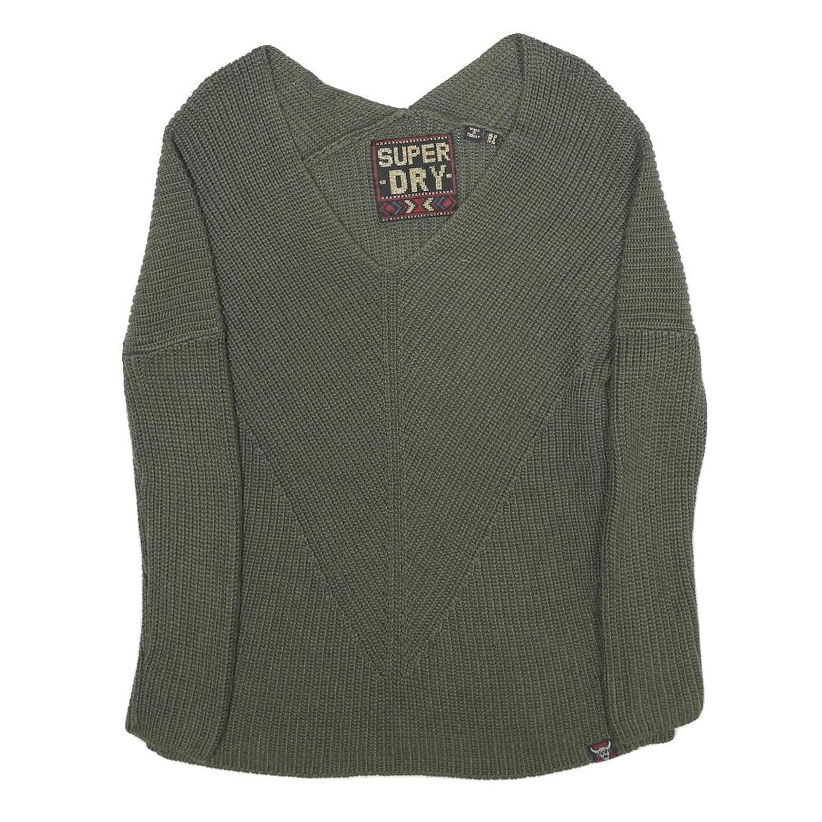 SUPERDRY Womens Green Knit V Neck Chunky Jumper UK 10 Winter Casual Acrylic Refurbished - N/A refurbished available on Cerqular