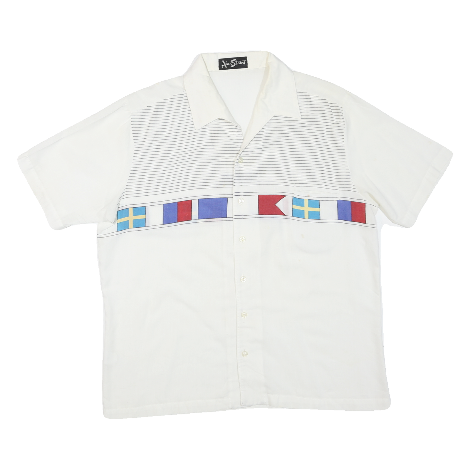 Alan Stuart Mens White & Blue Flag Pattern Cotton Blend Shirt L Summer Casual Refurbished - N/A refurbished available on Cerqular