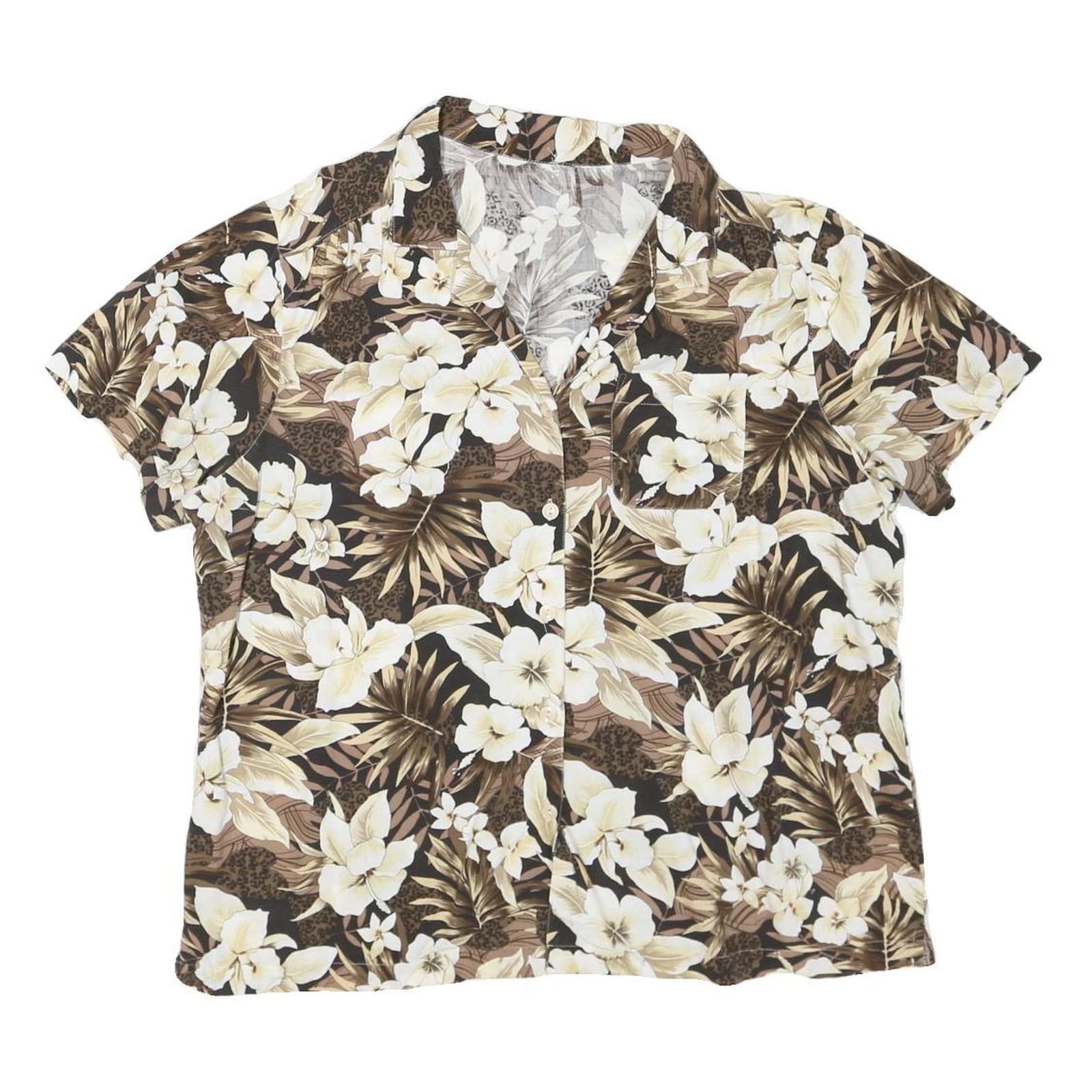 Womens Brown & Cream Floral Cotton Blend Shirt Short Sleeve Collared XL Casual Refurbished - N/A refurbished available on Cerqular