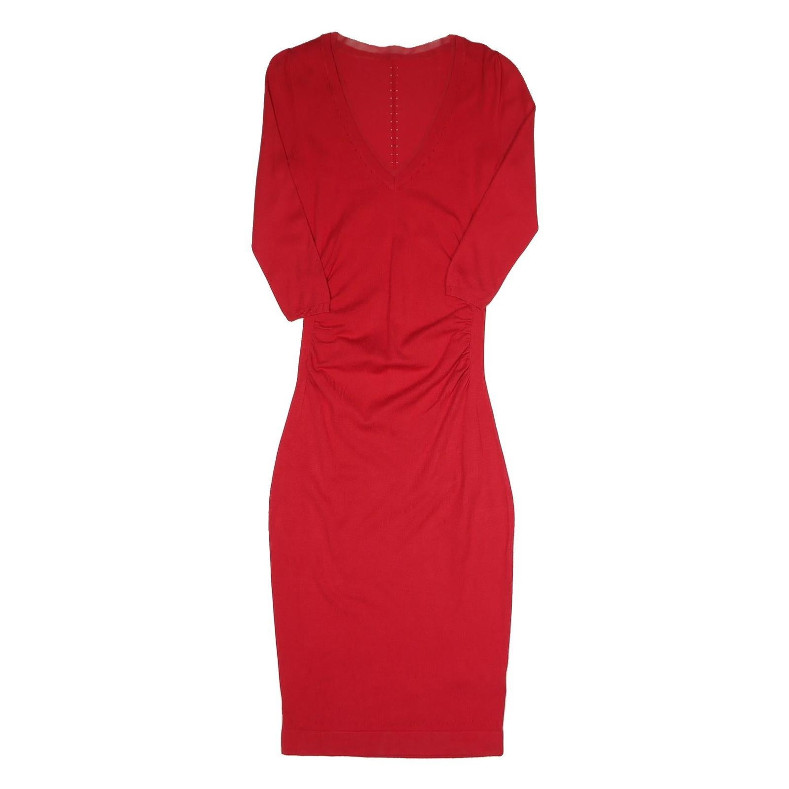 Womens Red Bodycon Cotton Blend Midi Dress S V Neck Ruched Sides Casual Refurbished - N/A refurbished available on Cerqular