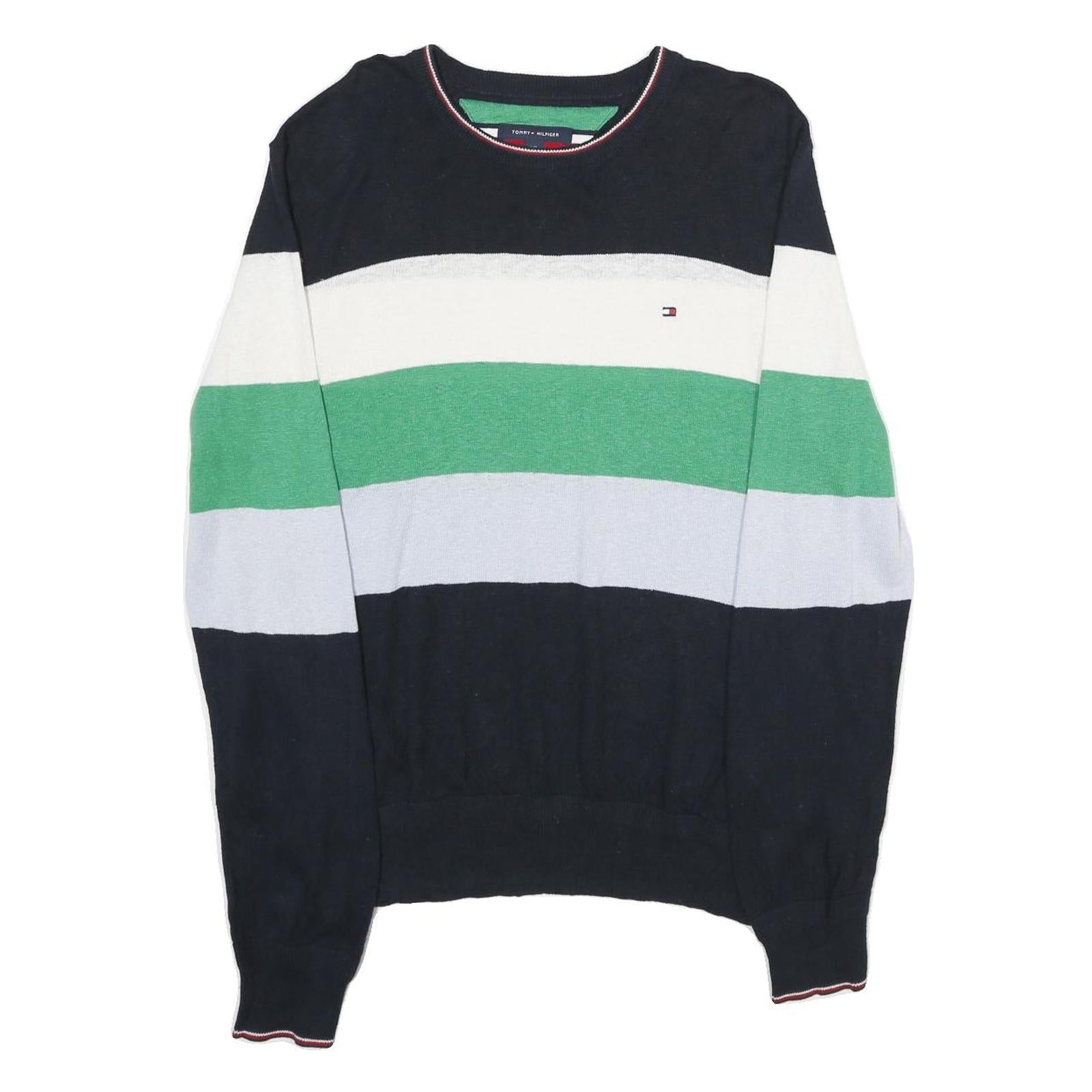TOMMY HILFIGER Mens Navy White Green Blue Patterned Crew Neck Basic Knit L Refurbished - N/A refurbished available on Cerqular
