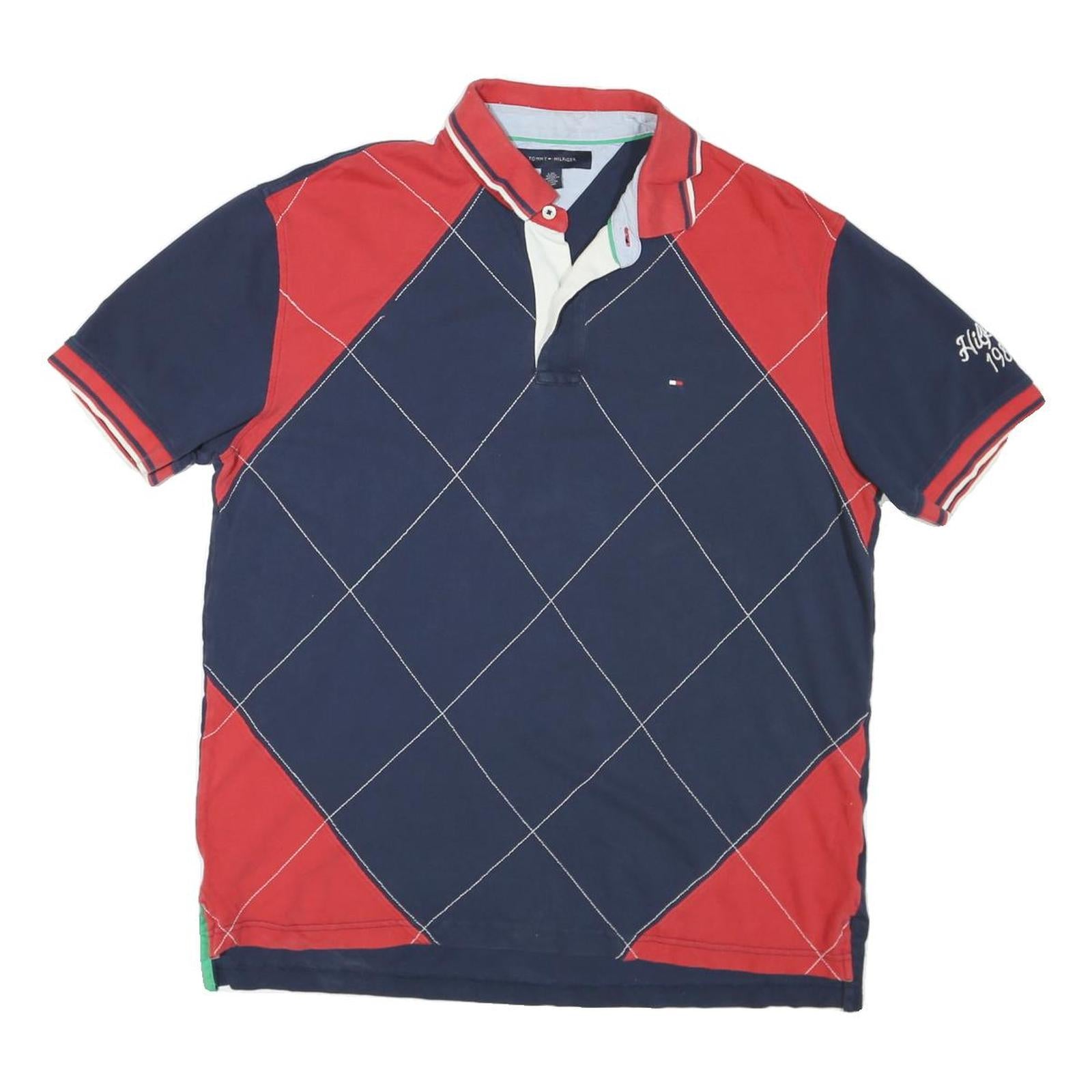 TOMMY HILFIGER Mens Blue & Red Short Sleeve Argyle Polo Shirt L Cotton Blend Refurbished - N/A refurbished available on Cerqular