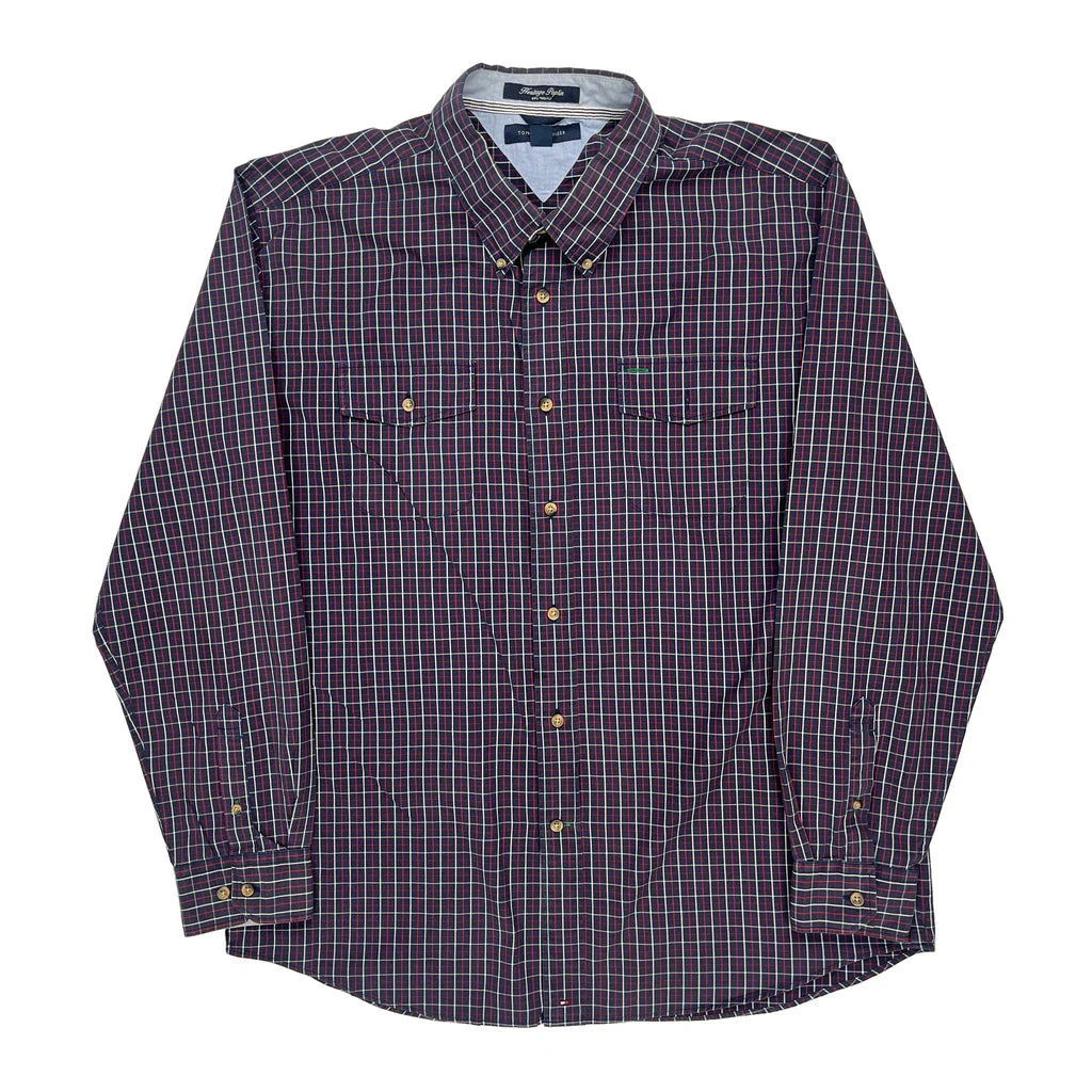 Tommy Hilfiger Checked Shirt - XL Burgundy Cotton Refurbished - Thrifted (note: this is a term often used to describe second- refurbished available on Cerqular