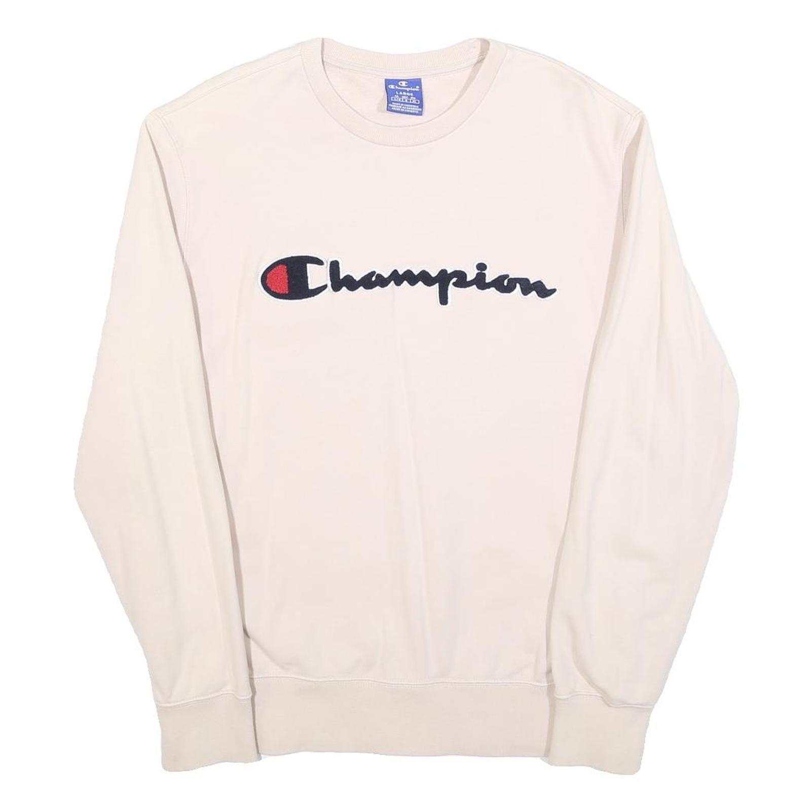 CHAMPION Womens Cream Cotton Blend Crew Neck Sweatshirt L Classic Logo Refurbished - N/A refurbished available on Cerqular