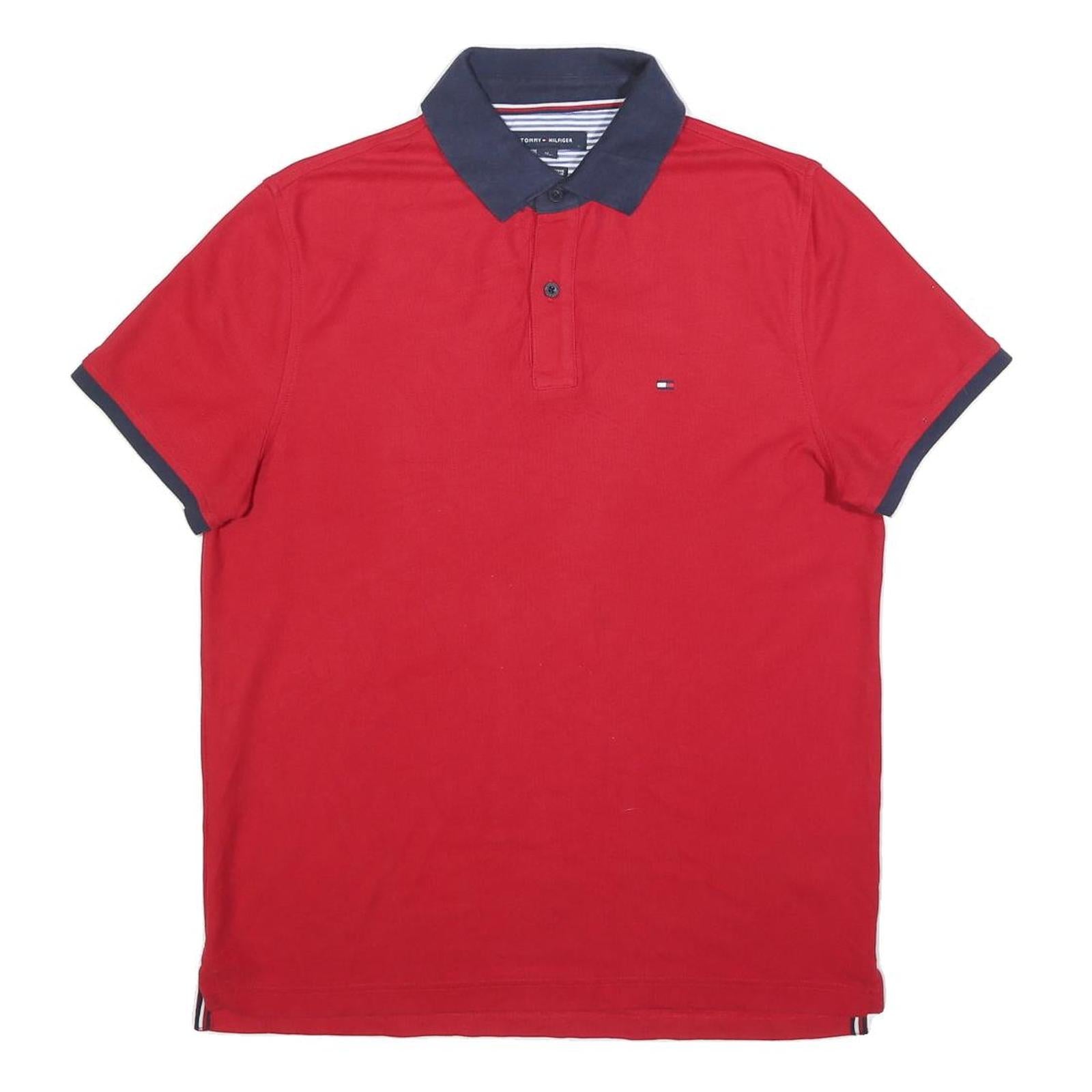 TOMMY HILFIGER Mens Red & Navy Short Sleeve Polo Shirt M Cotton Blend Classic Refurbished - N/A refurbished available on Cerqular