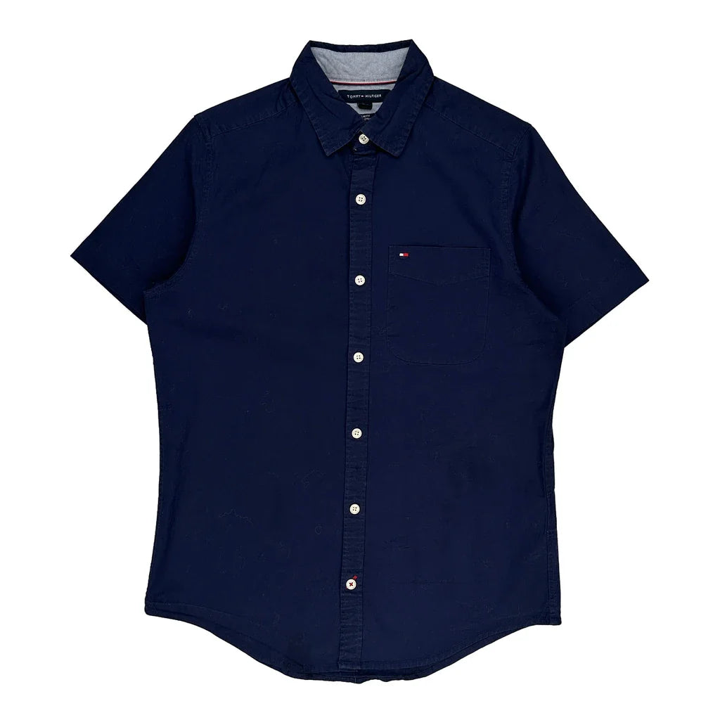 Tommy Hilfiger Slim Fit Short Sleeve Shirt - XS Navy Cotton Refurbished - Thrifted (note: this is a term often used to describe second- refurbished available on Cerqular