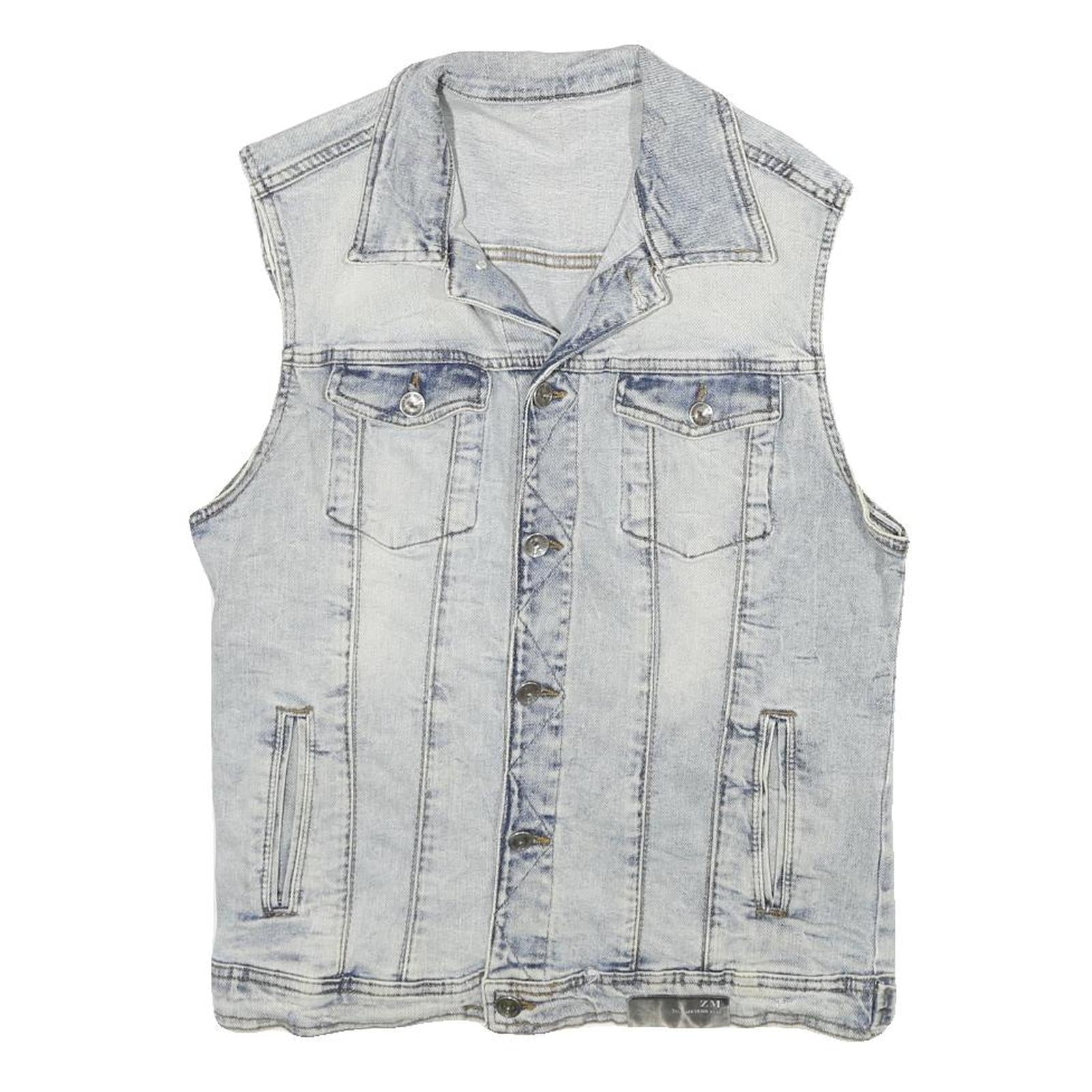 ZARA Mens Blue Denim Sleeveless Jacket L Cotton Blend Button Closure Casual Refurbished - N/A refurbished available on Cerqular