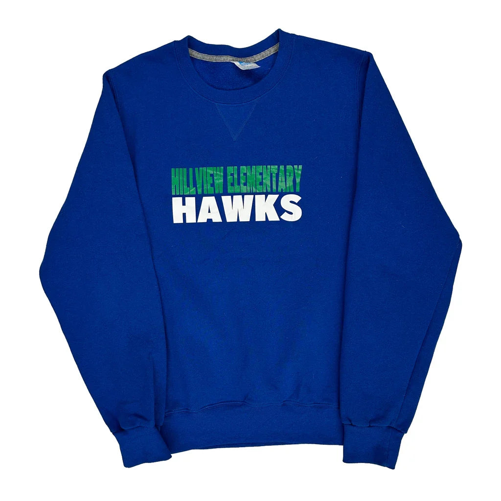 Hillview Elementary Hawks Russell Athletic College Sweatshirt - Small Blue Cotton Blend Refurbished - Thrifted (note: this is a term often used to describe second- refurbished available on Cerqular