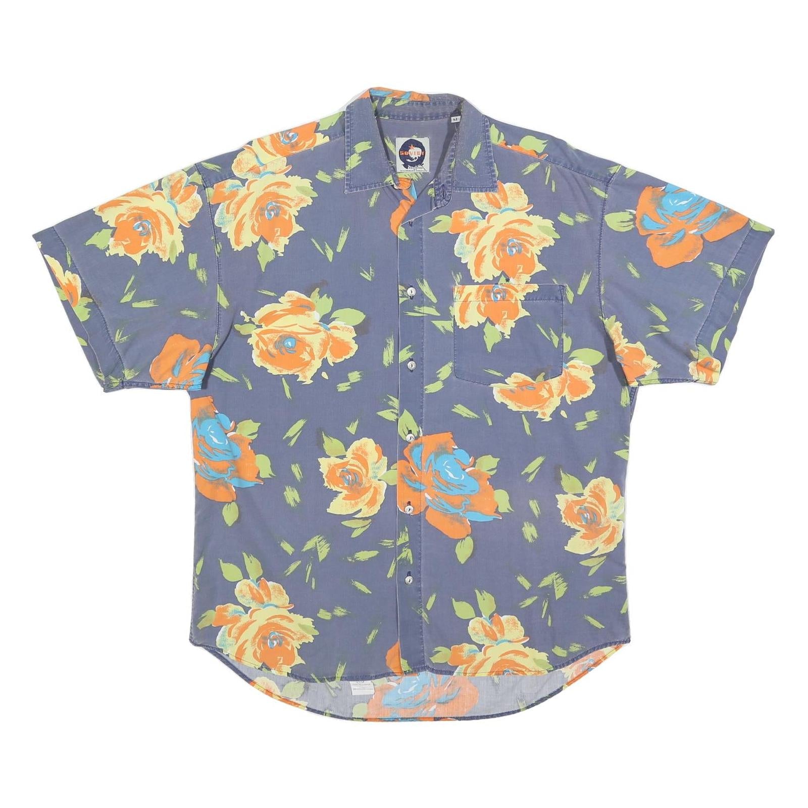 SOVIET Mens Blue Floral Print Cotton Blend Short Sleeve Shirt M Summer Beach Refurbished - N/A refurbished available on Cerqular