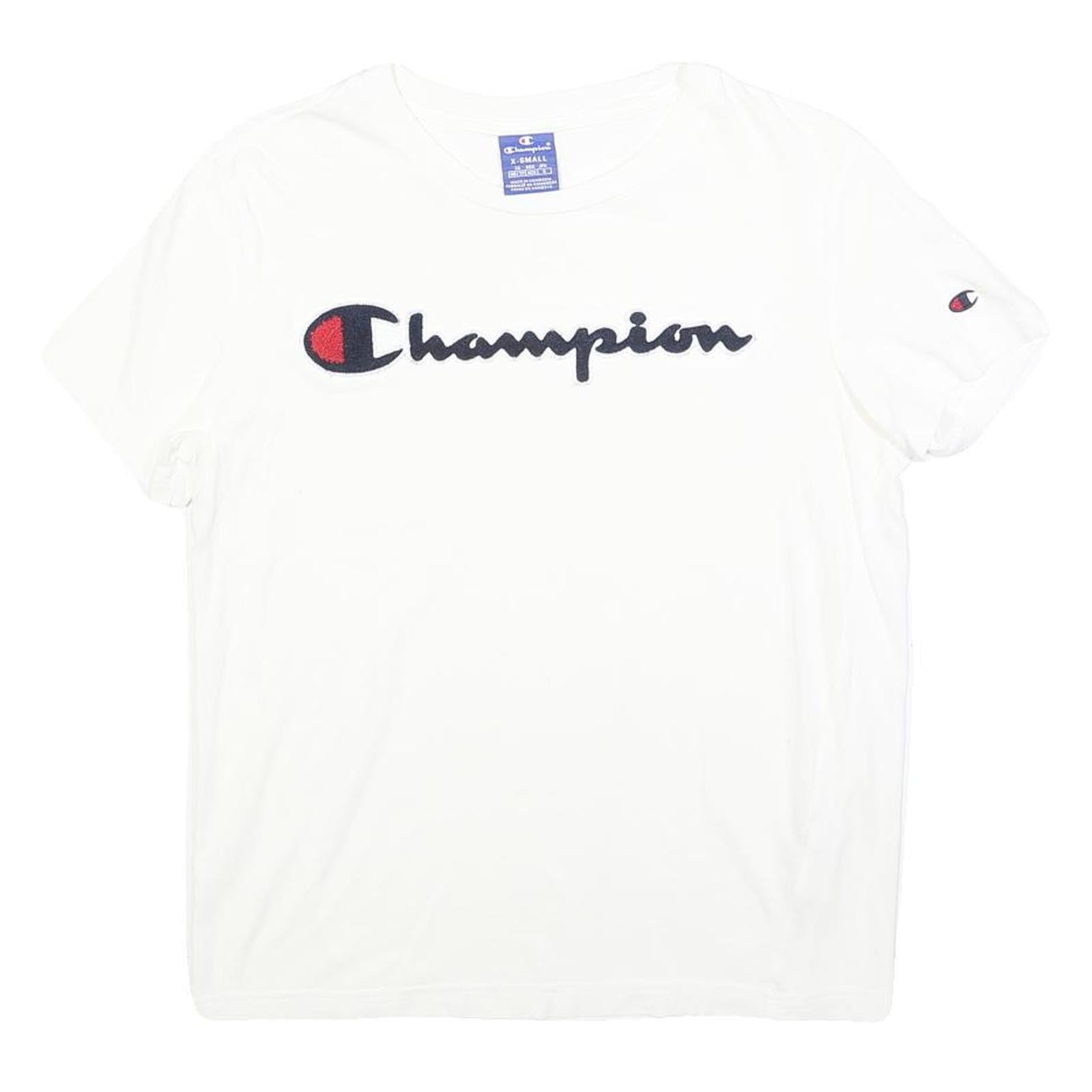 CHAMPION Womens White Short Sleeve Crew Neck Logo Script XS Cotton Blend T-Shirt Refurbished - N/A refurbished available on Cerqular