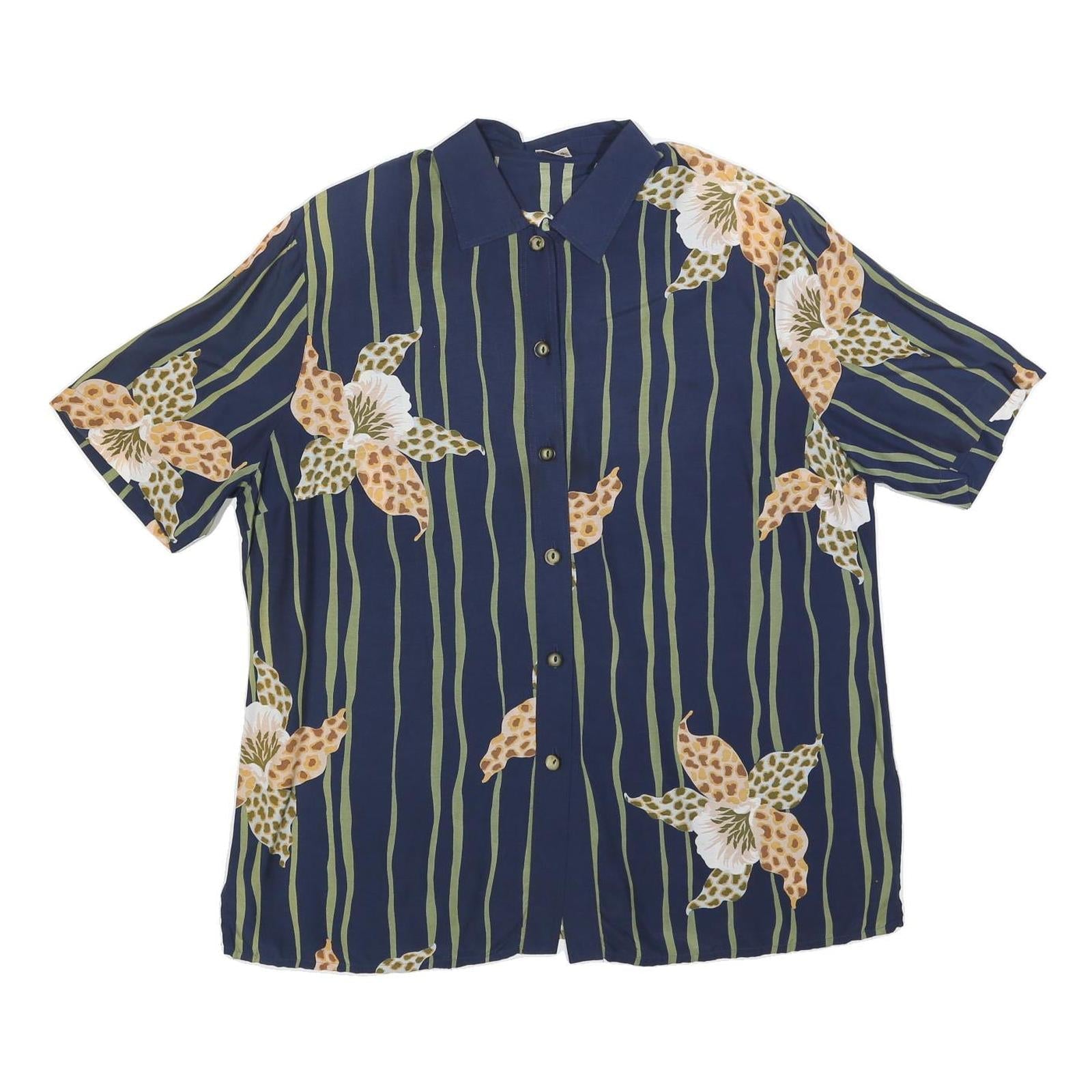 FELICIA Womens Blue Green Floral Striped Shirt Short Sleeve Collared L Relaxed Refurbished - N/A refurbished available on Cerqular