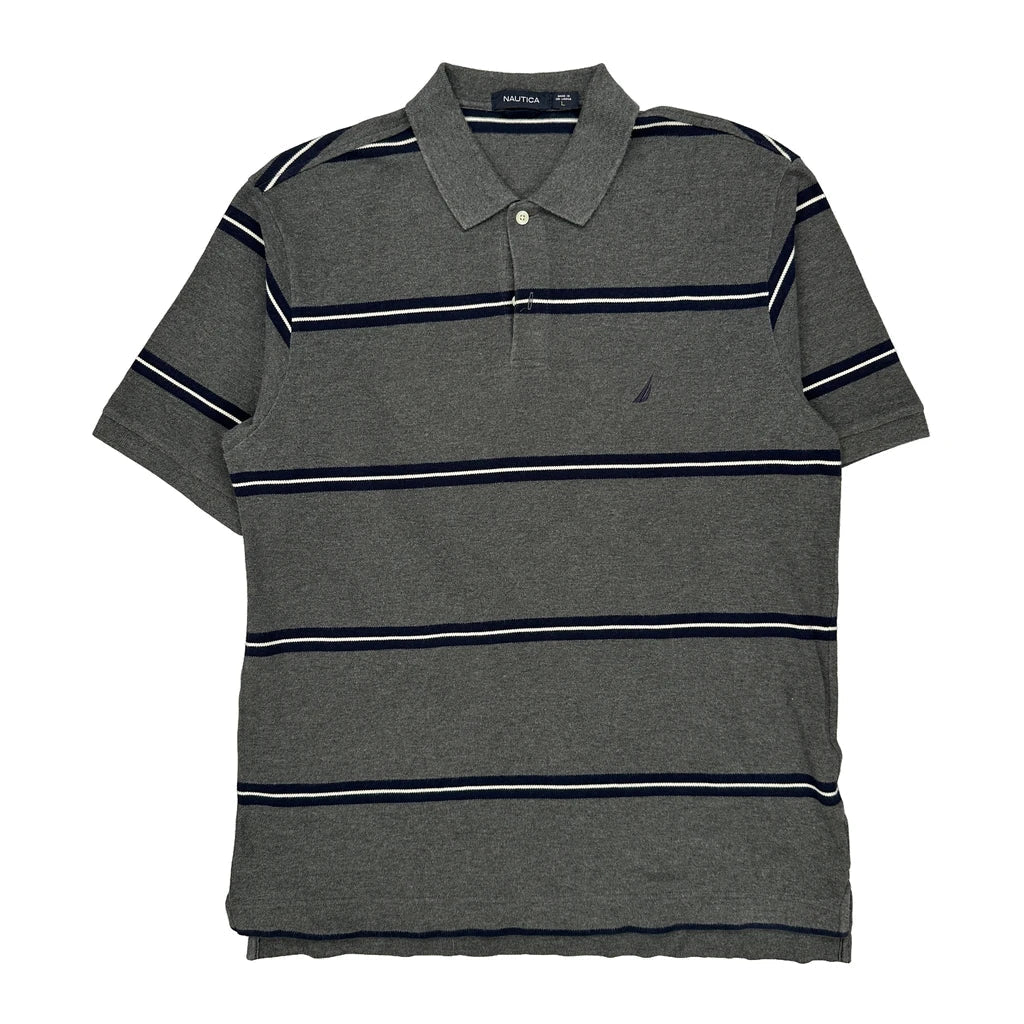 Nautica Striped Polo Shirt - Large Grey Cotton Refurbished - Thrifted (note: this is a term often used to describe second- refurbished available on Cerqular